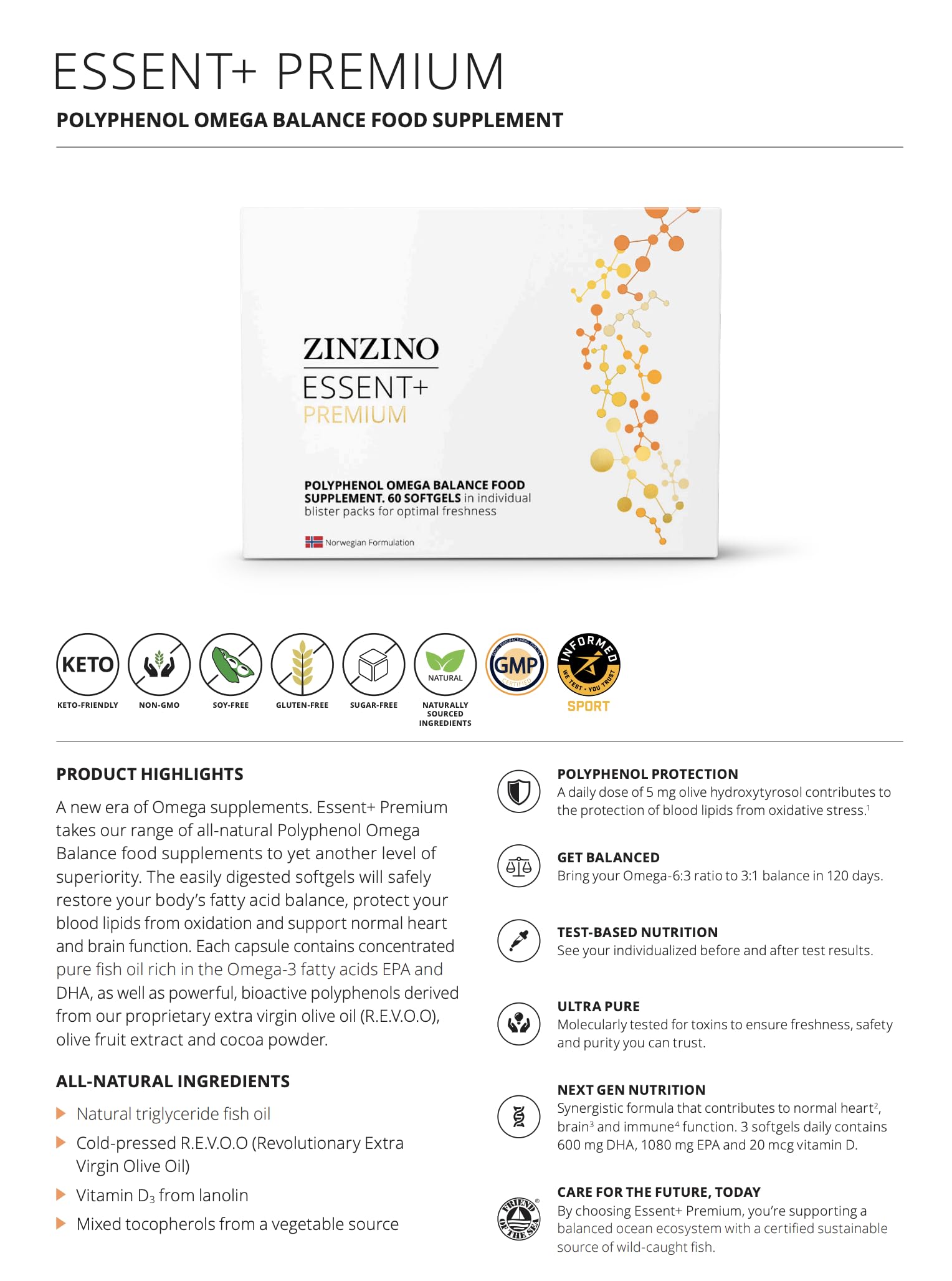 ZinZino Essent+ Premium Omega-3 Kapseln Hochdosiert mit Omega-9, Vitamin D, Polyphenolen, Squalen, EPA & DHA – Lebertran & Olivenblattextrakt – Fischöl Kapseln