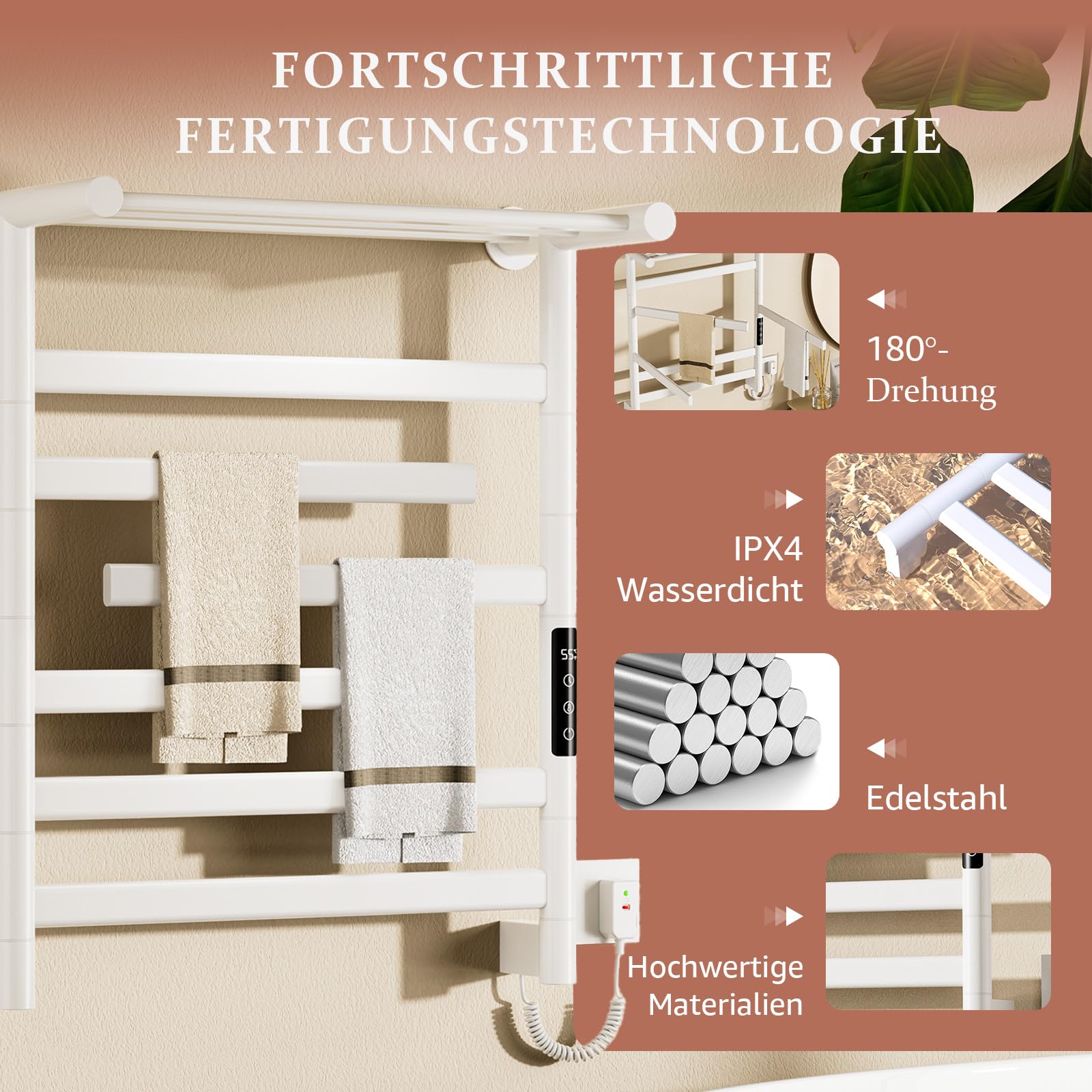 Handtuchheizkörper Elektrisch 180° Drehung 66 x 55cm, 360 W, Badheizkörper Weiß mit Digitaler Bildschirm, Handtuchtrockner Elektrisch mit Timer Und Thermostat 30-70℃, Lagerregal, IPX4