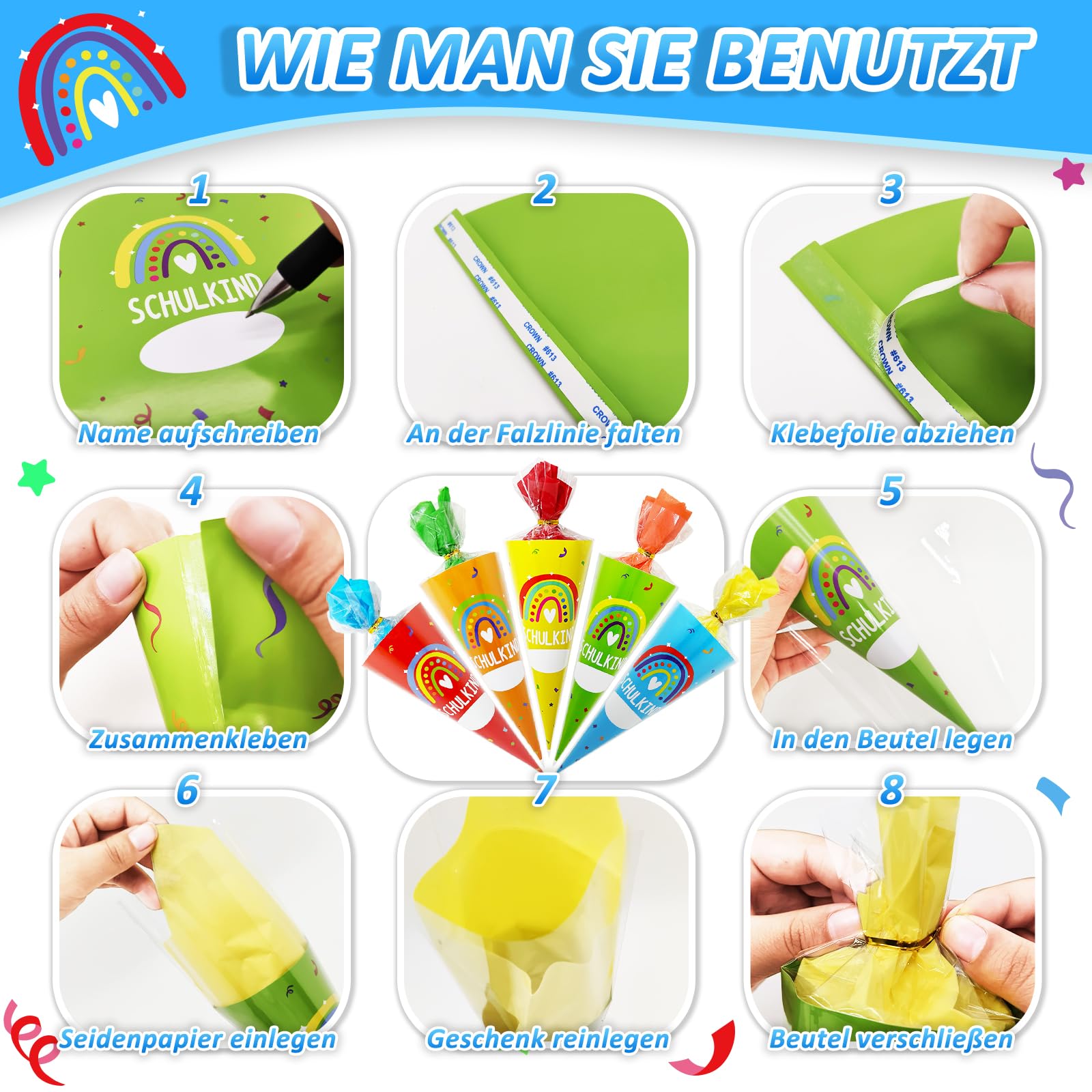 Sacchetti per la scuola 28 cm, mini sacchetti da riempire, zucchero colorato