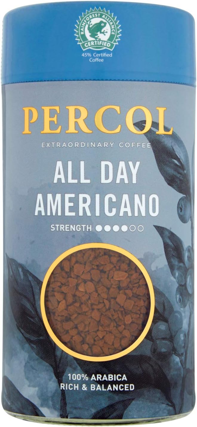 PERCOLRainforest Alliance All Day Americano Instant Coffee Rich, Aromatic Full-Bodied Blend 100% Arabica Beans Freeze-Dried - 100g 1 Pk