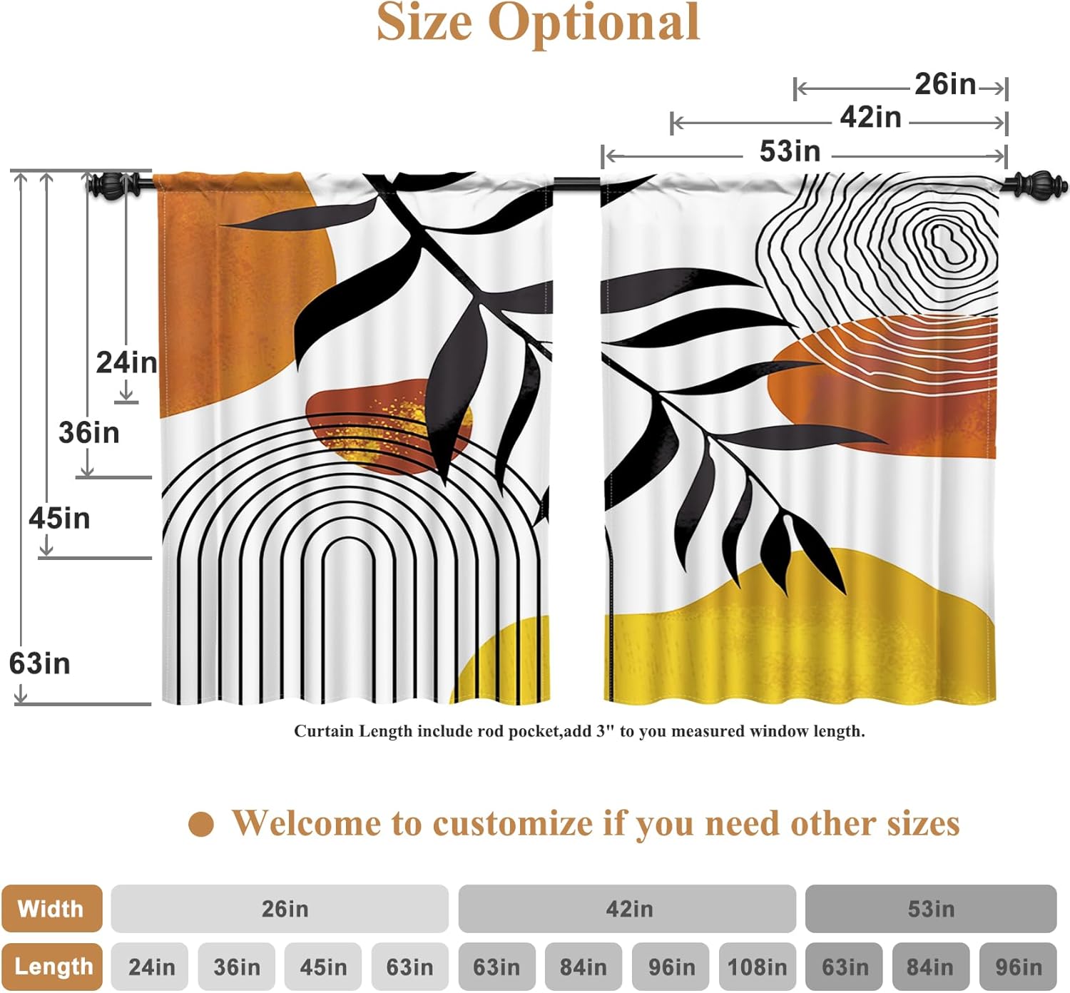 Renaiss 26 x 45 Inch Mid Century Boho Kitchen Tier Curtains with Rod Pocket Black Leaf Abstract Art Bohemian Cafe Bathroom Curtains Geometry Arch Short Linen Curtain for Half Window Decor 2 Panels