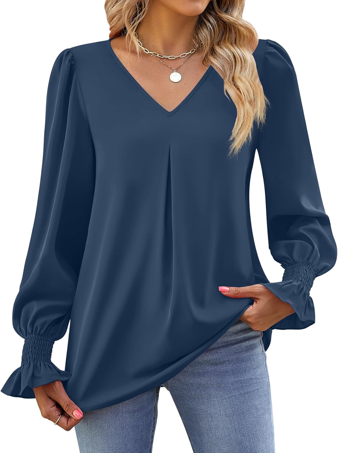 Funlingo Women's 2025 Long Sleeve Tops Dressy Casual V Neck Tunic Shirts Loose Chiffon Work Blouse - Image 3