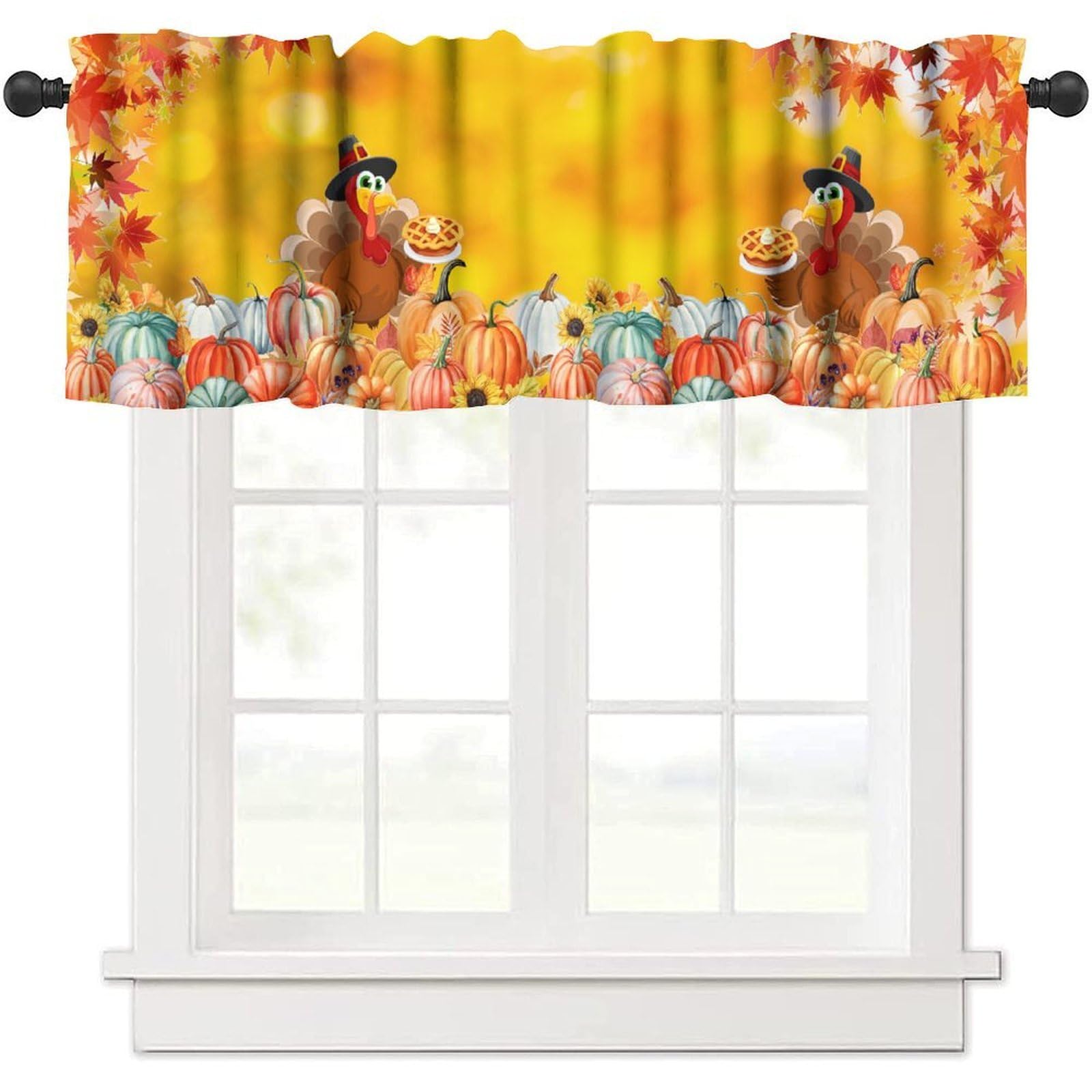 moderw Thanksgiving Valance Curtains Fall Maples Leaves Pumpkins Rustic Autumn Harvest Turkey Farm Farmhouse Window Treatment Valance for Living Room Bedroom Kitchen 54x18inch
