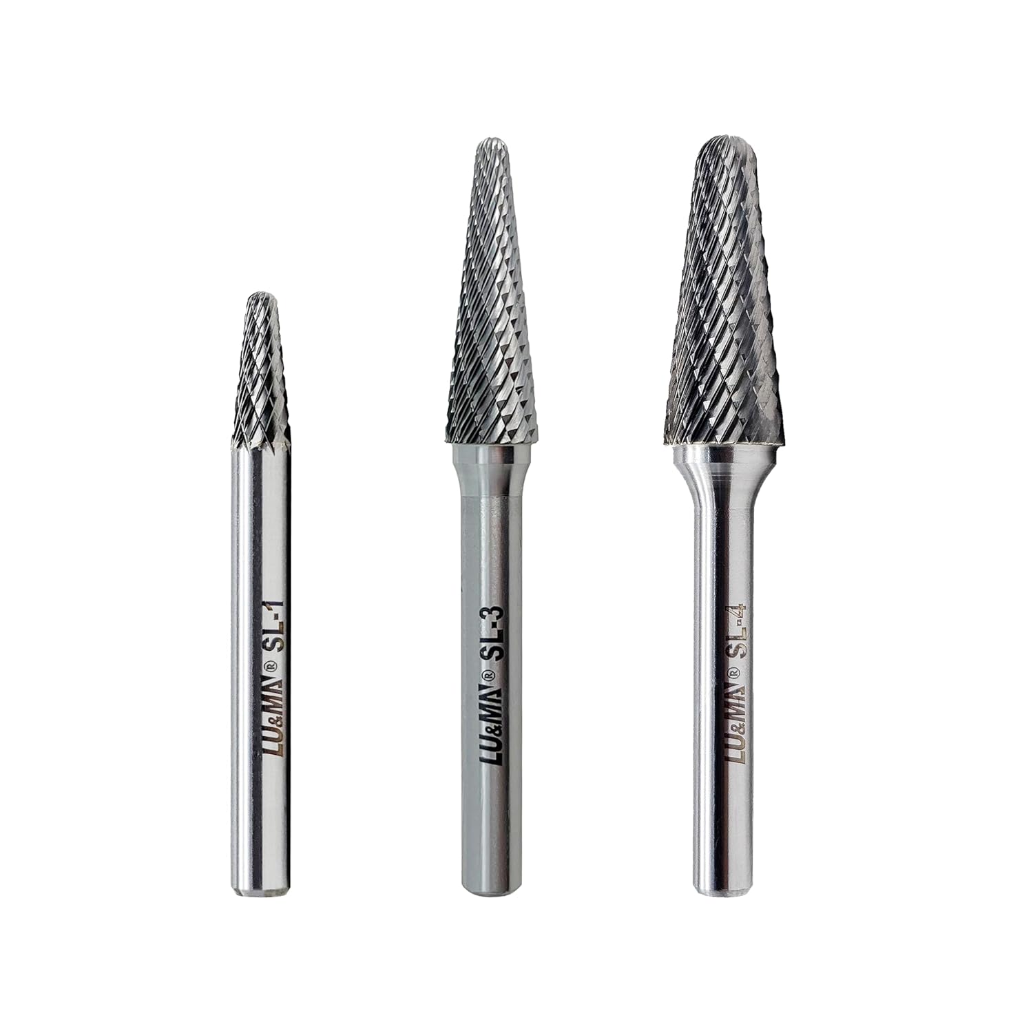 Tungsten Carbide Burr Rotary File, Taper Shape Double Cut, (SL-1, SL-3, SL-4), 3-Piece Set