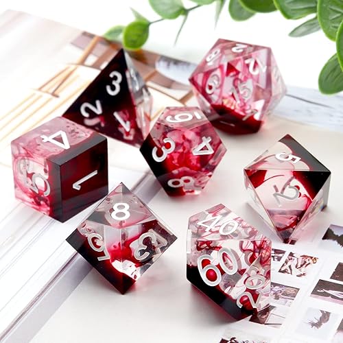 Miniatura 6 de PJOY DND - Juego de dados con bordes afilados, 7 piezas de dados de resina con remolinos de sangre roja, dados poliédricos D&D con estuche de dados