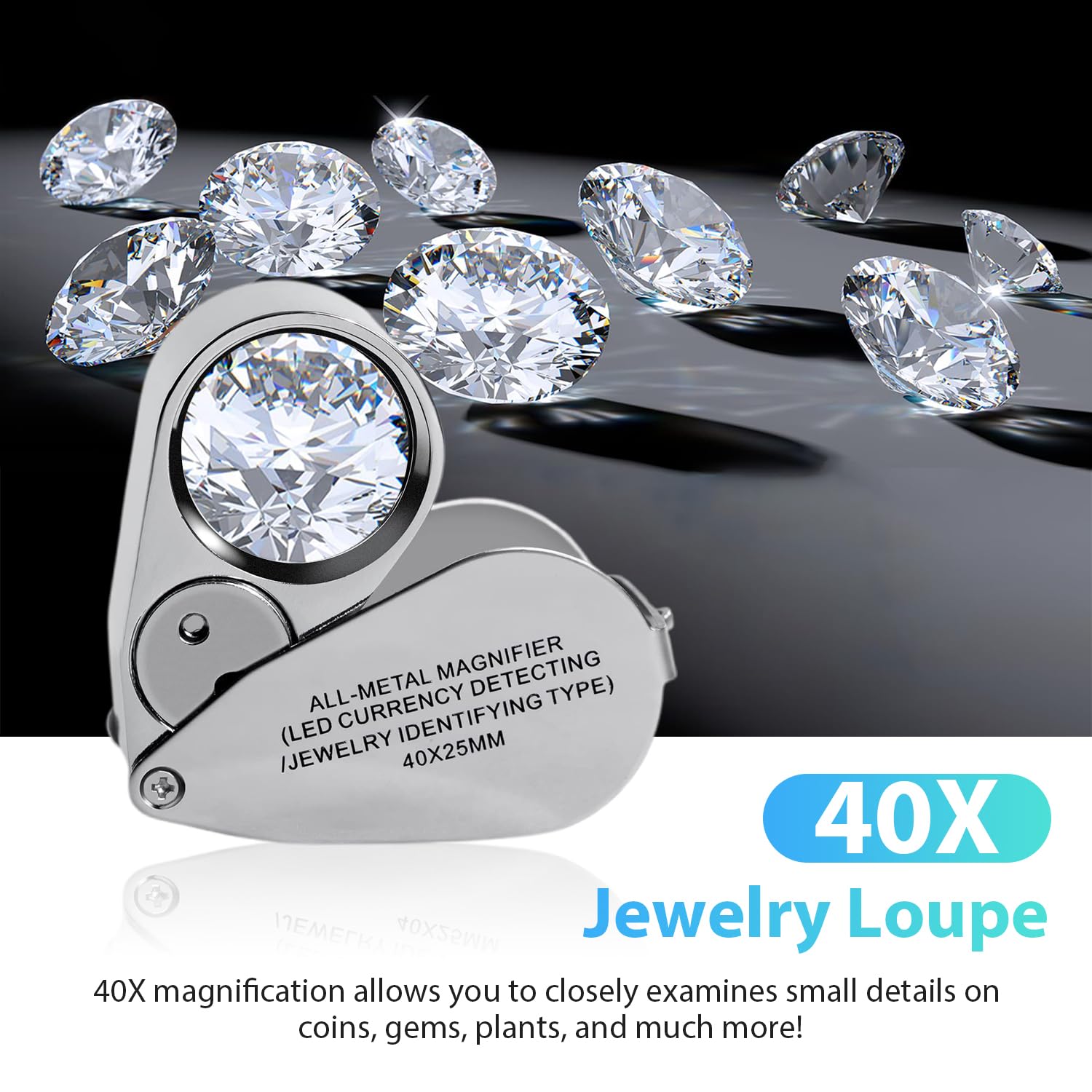 Lupa de joyero 40X,Lupa de joyería Plegable de Acero Inoxidable,con luz LED y Ultravioleta,para Diamantes joyeros Monedas Sellos, reconocimiento de Moneda, identificación de Joyas