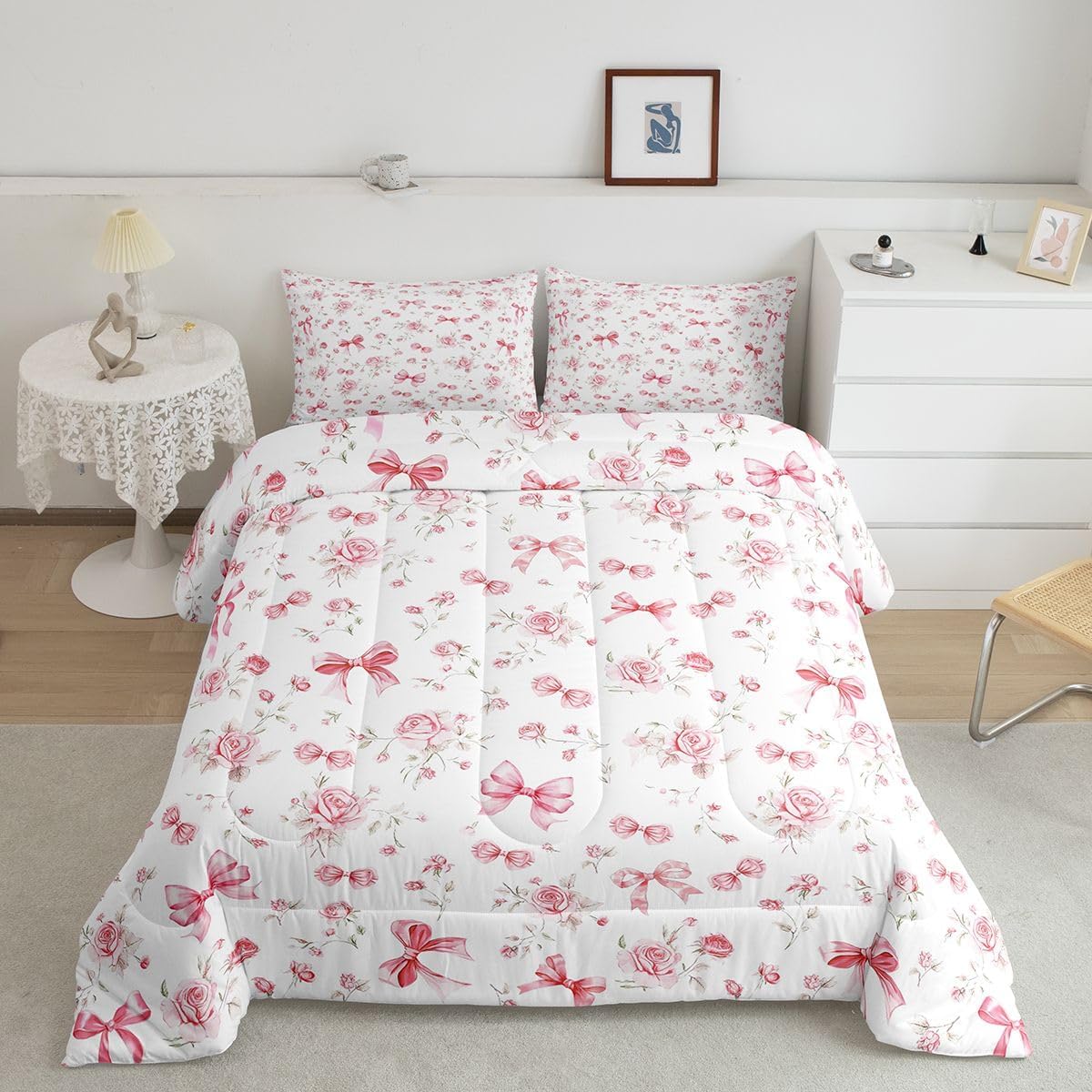Feelyou Pink Rose Comforter Set Twin Size Bow Flower Print Bedding Set for Kids Boys Girls Pink Bow Duvet Quilt Kawaii Bowknot Bedroom Decor Microfiber 2 Pcs with 1 Pillow Cases