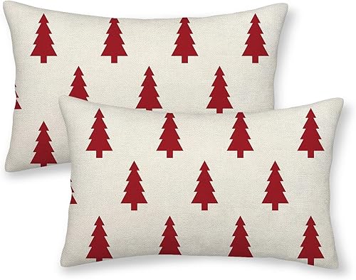 Miniatura 7 de BETGINY Juego de 2 fundas de almohada de Navidad de 12 x 20 pulgadas, diseño geométrico de árbol de Navidad rojo y blanco, fundas de almohada de