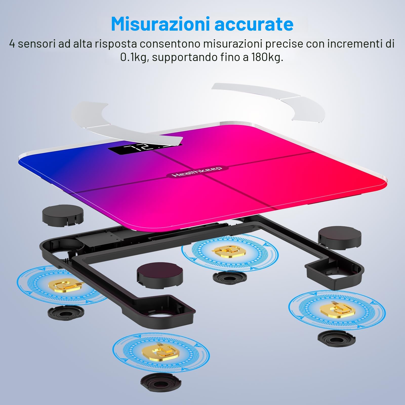 Bilancia pesata persona, Healthkeep Bilancia Impedenzimetro Bluetooth connessa ad alta precisione con App 13 indicatori per Andriod e iOS Max 180kg/400lb/28st, 28 x 28 cm, multicolore