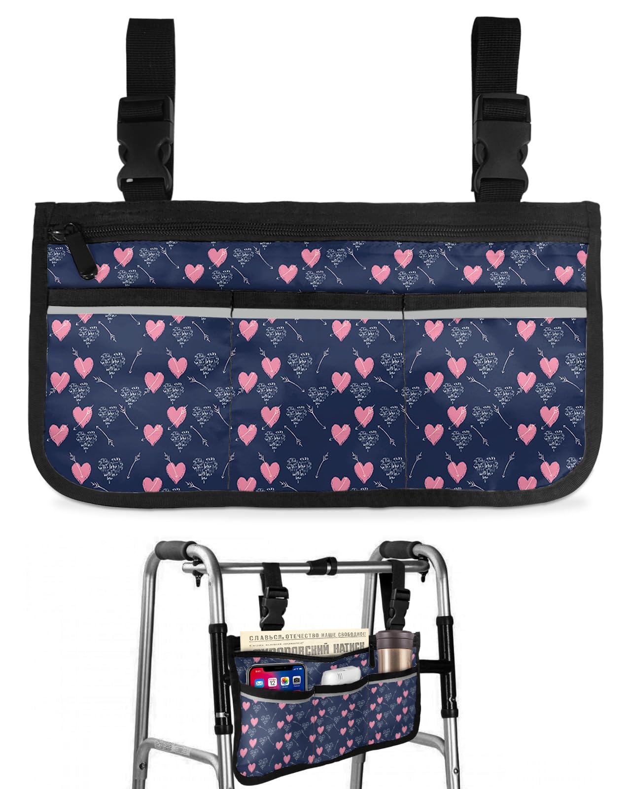 Valentine's Day Wheelchair Side Bag Walker Bag, Pink Love Heart White Arrow Letter Wheelchair Accessories Armrest Pouch, Organizer Storage Bag for Walkers, Rollators, Scooters, 7.3''x13''