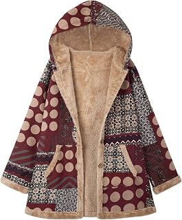 Kiboule Casaco feminino plus size com capuz ffy forrado de pele sintética com estampa vintage casaco sobretudo de inverno