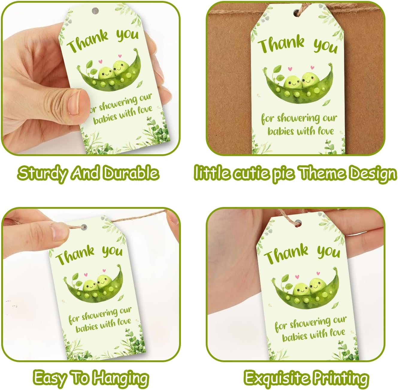 Two Peas in A Pod Baby Shower Decorations Pea Themed Thank You Tags with String for Boy Girl Baby Shower Party
