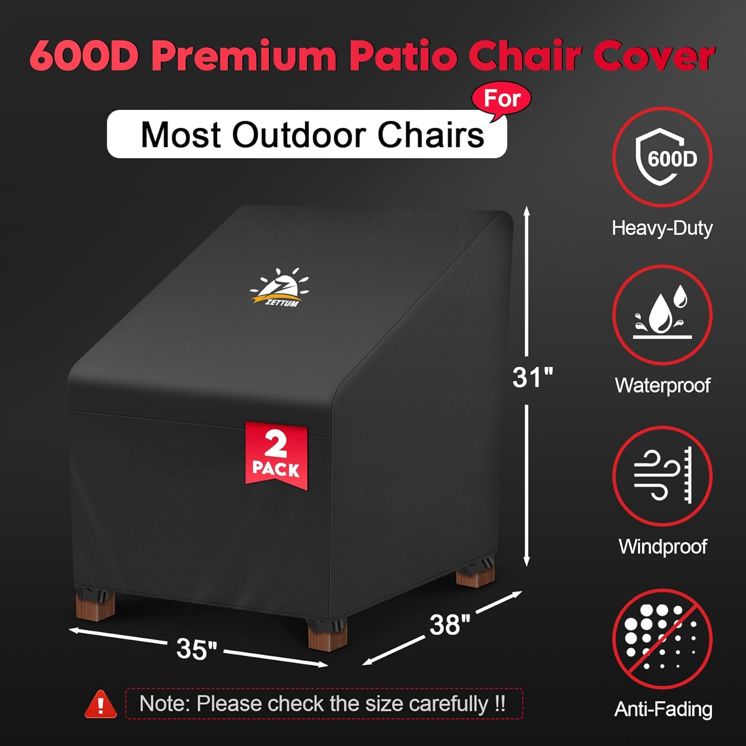 Zettum Patio Chair Covers 2 Pack - 600D Outdoor Chair Cover Waterproof & Heavy Duty, Lawn Lounge Furniture Cover for Wicker, Swivel, Rocking, Single Sofa - 35 x 38 x 31 Inch - Image 2