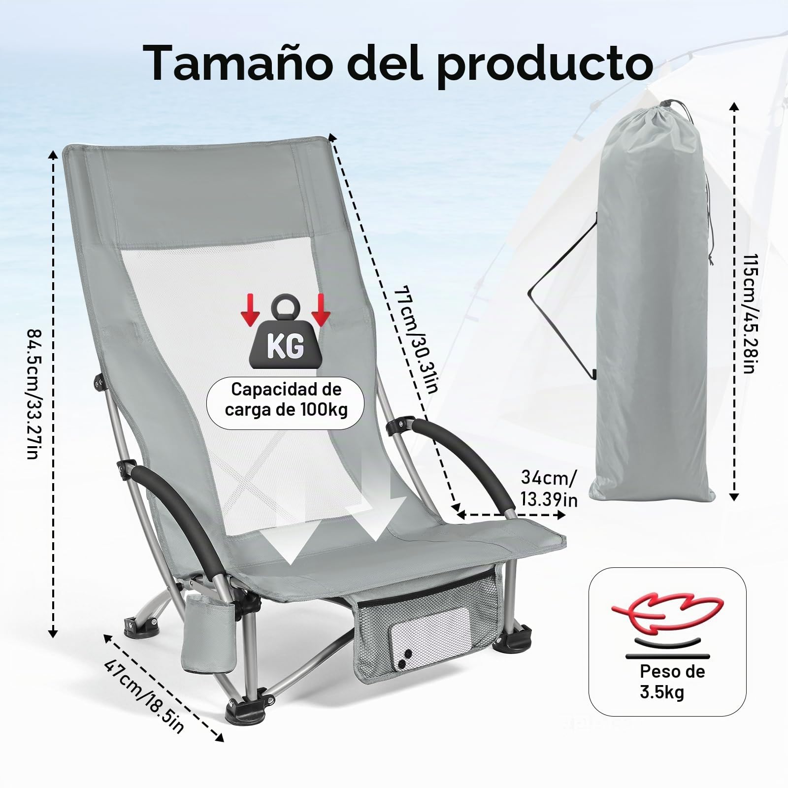 WildFun 2 sillas de playa plegables bajas, ligeras y portátiles, con respaldo alto, soporte para bebidas, soporta hasta 180 kg, para viajes, exteriores, barbacoas, pícnic, festivales (2 unidades, gris