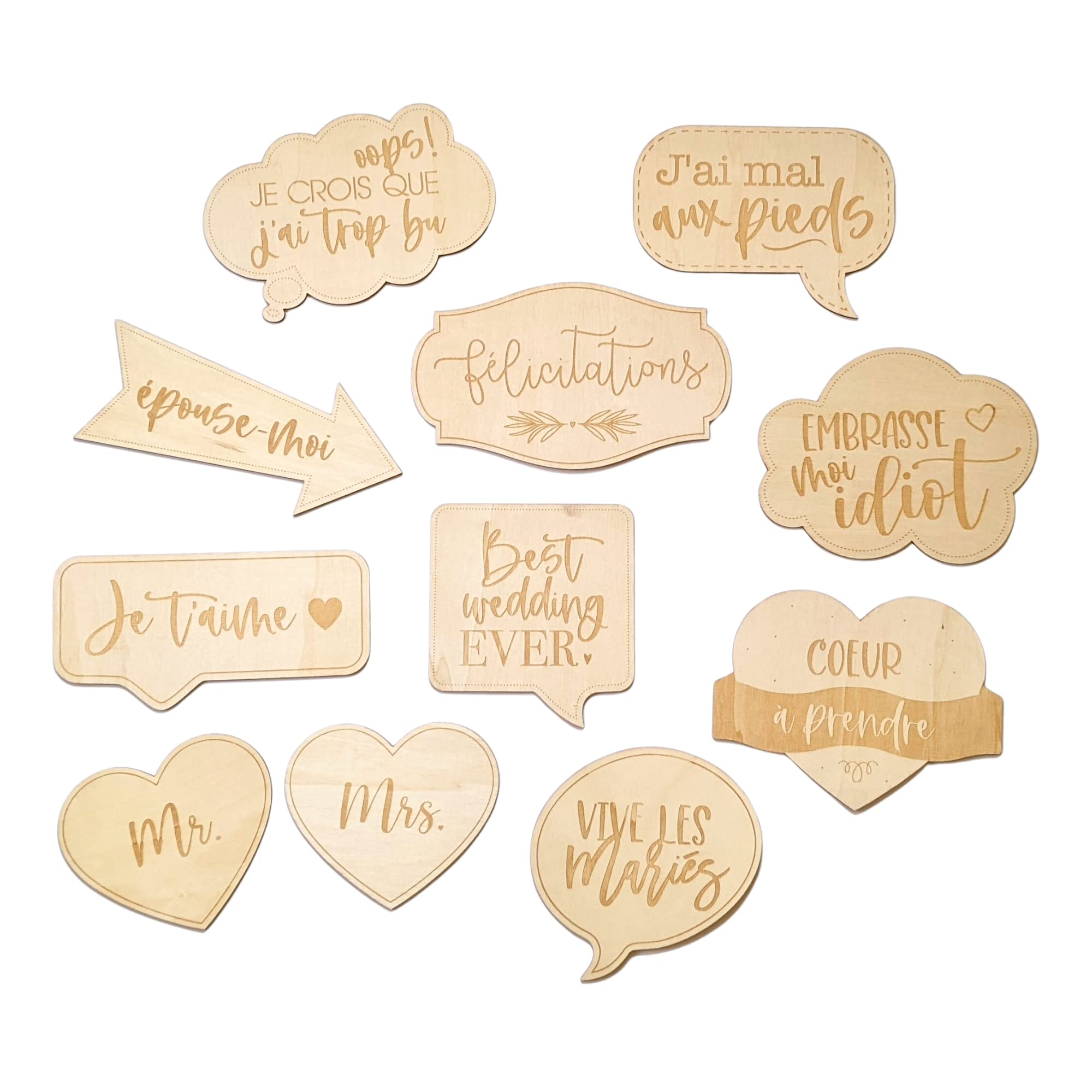 Kit de 11 Accessoires en Bois pour Photobooth de Mariage