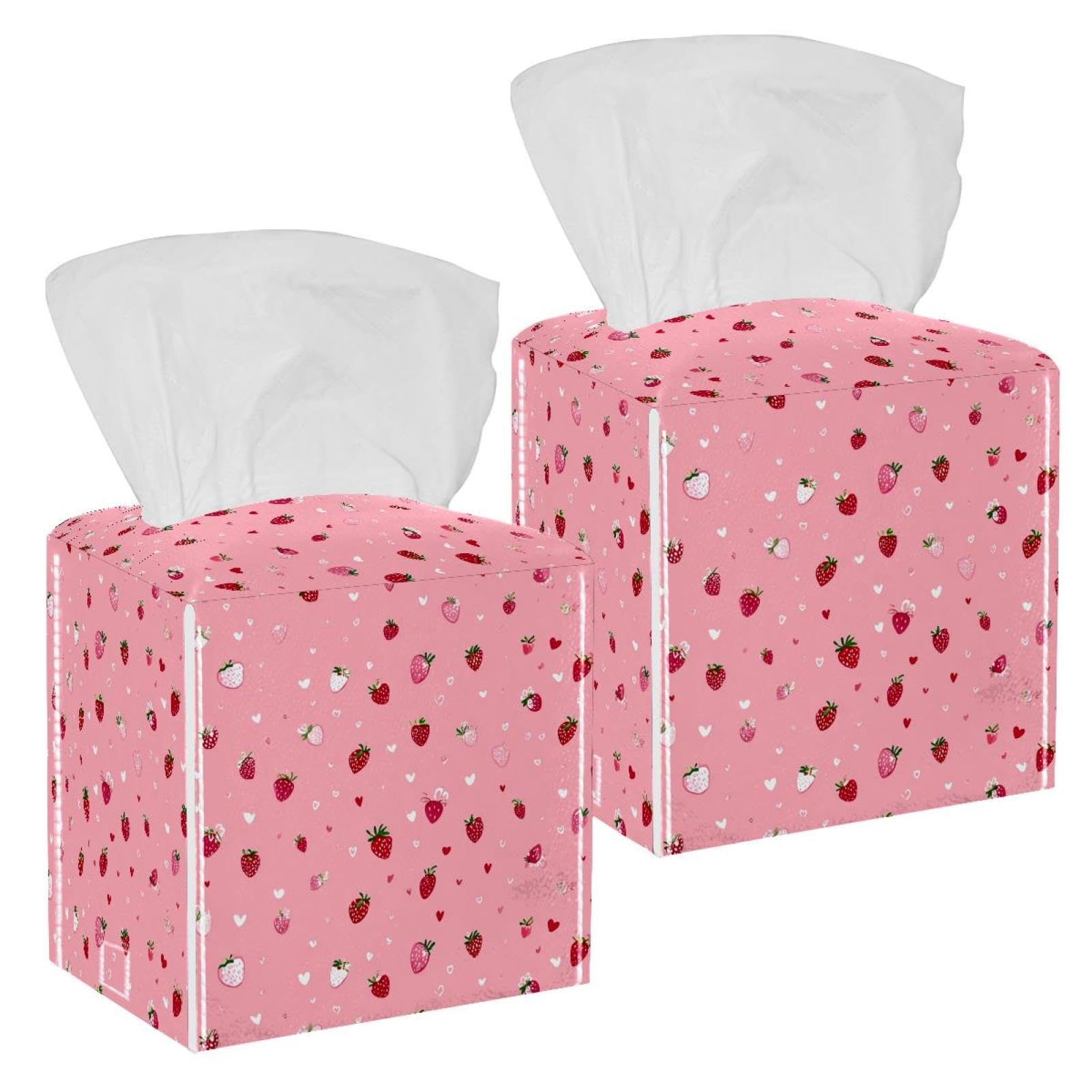 Hearts and Strawberries Tissue Box Cover, 2 Pack PU Leather Square Facial Tissue Dispenser Box holder for Home Office Car