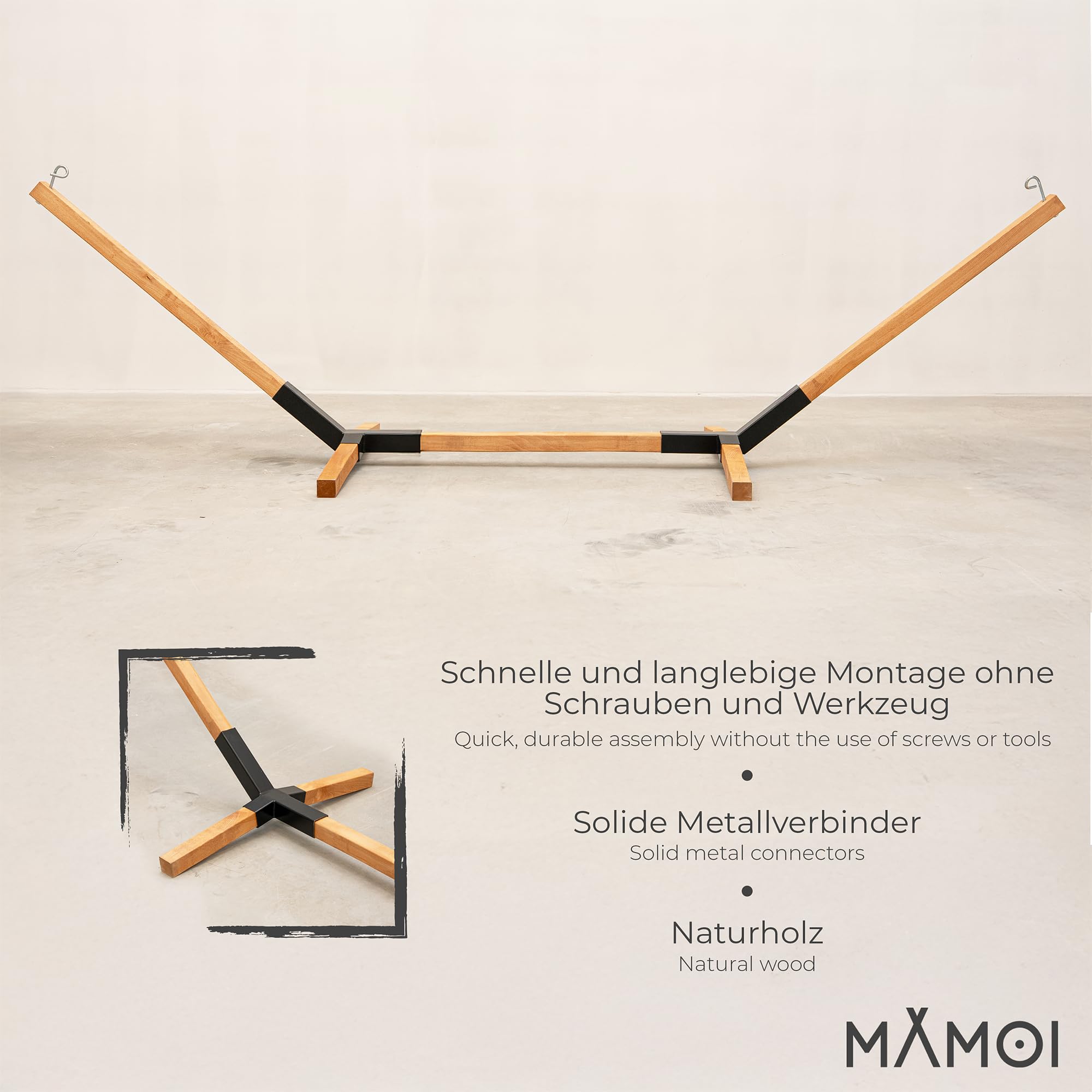 MOE UHANE Hamaca de Madera para jardín y hogar, Montaje rápido sin Tornillos ni Herramientas, Madera Natural y compuestos metálicos, Compacto, 100% ecológico