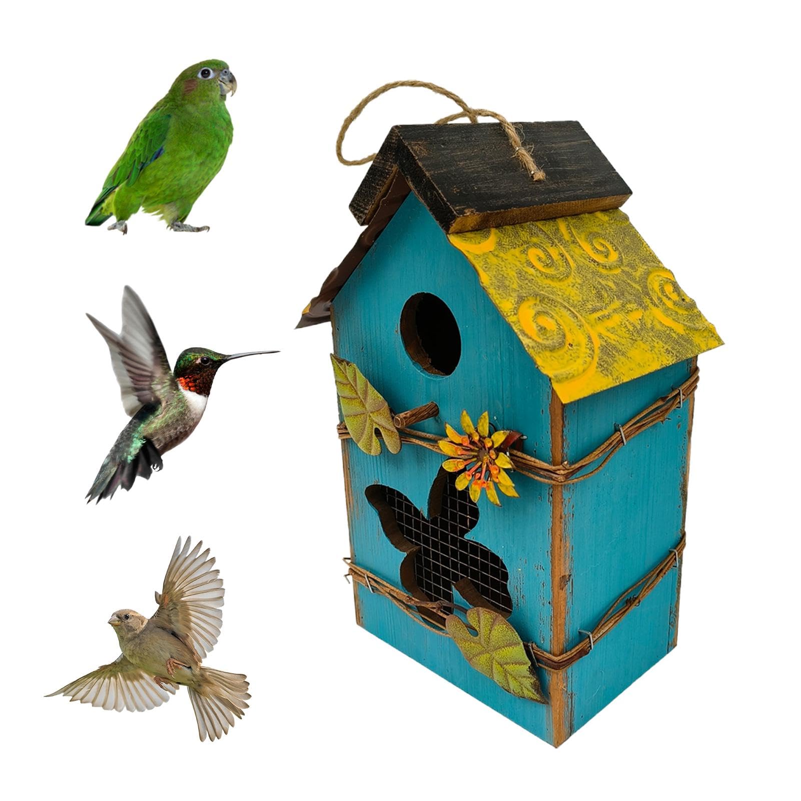 Niedliches aus Holz – dekoratives hängendes Vogelhaus den Außenbereich für Garten, Terrasse und Park (blau)