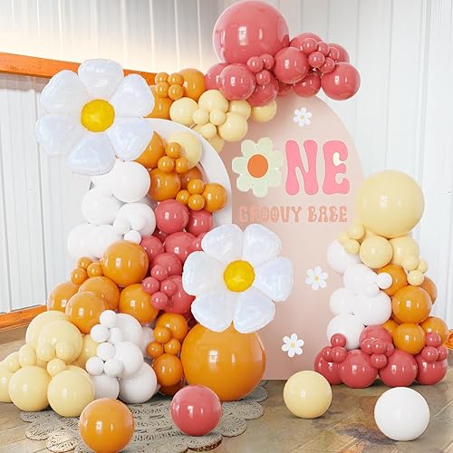 Kit de guirnalda de globos de margarita, arco de globos retro naranja quemado, bohemio, decoración de flores geniales para fiestas temáticas de