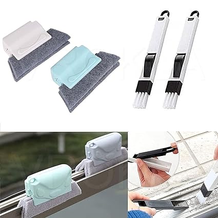 VROKLA Double Combo of Window Groove Frame Cleaning Brush& Dust Cleaning Brush for Window Slot Keyboard with Mini Dustpan Door Track Cleaning Tool for All Corners Edges Gaps(Multicolour) Pack of 2
