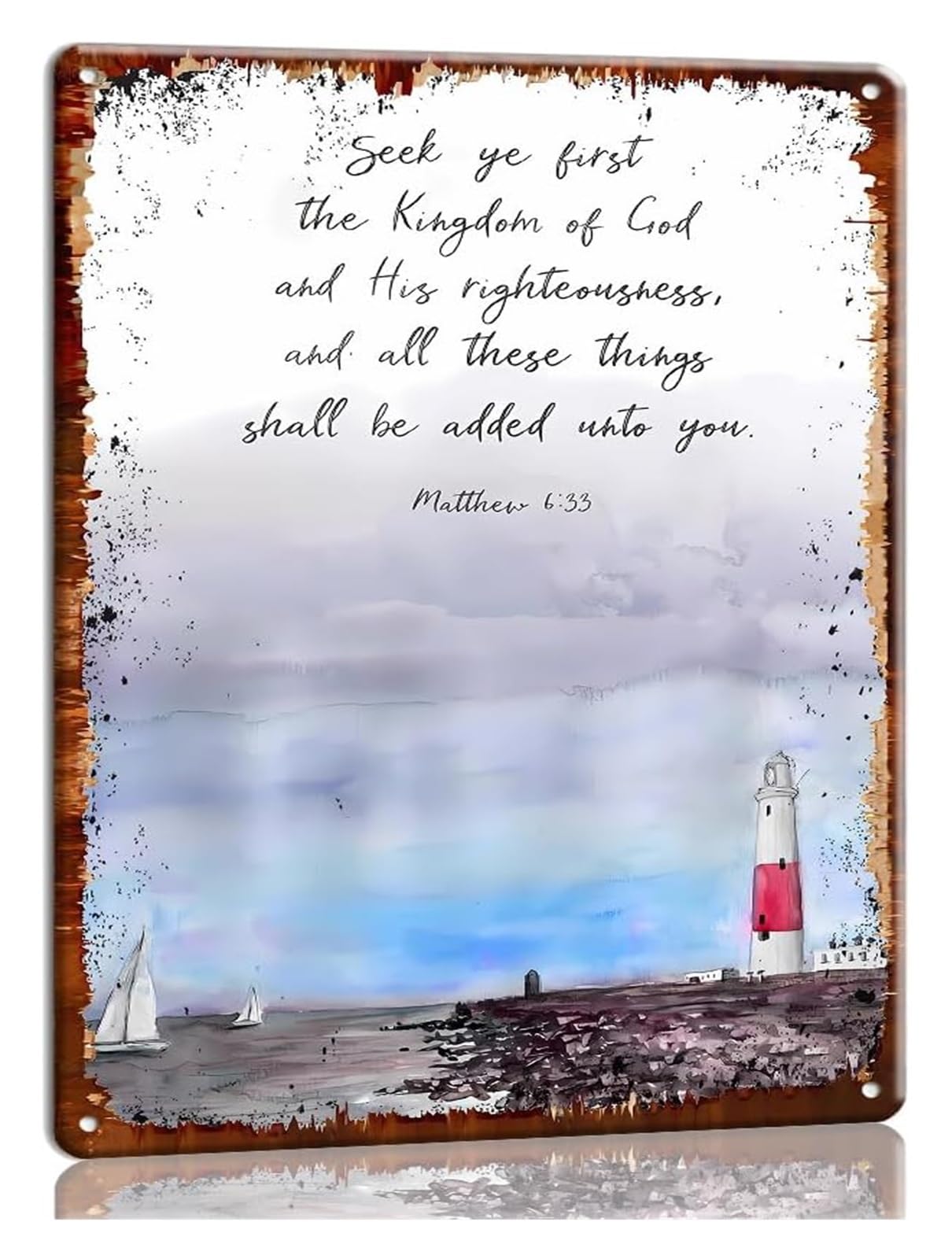 EKFBQBGW Scripture Metal Sign Seek Ye First the Kingdom of God Matthew 6 33 Inspirational Words Vintage Typography Motif Tin Plaque for Bedroom 8 X 12 inch