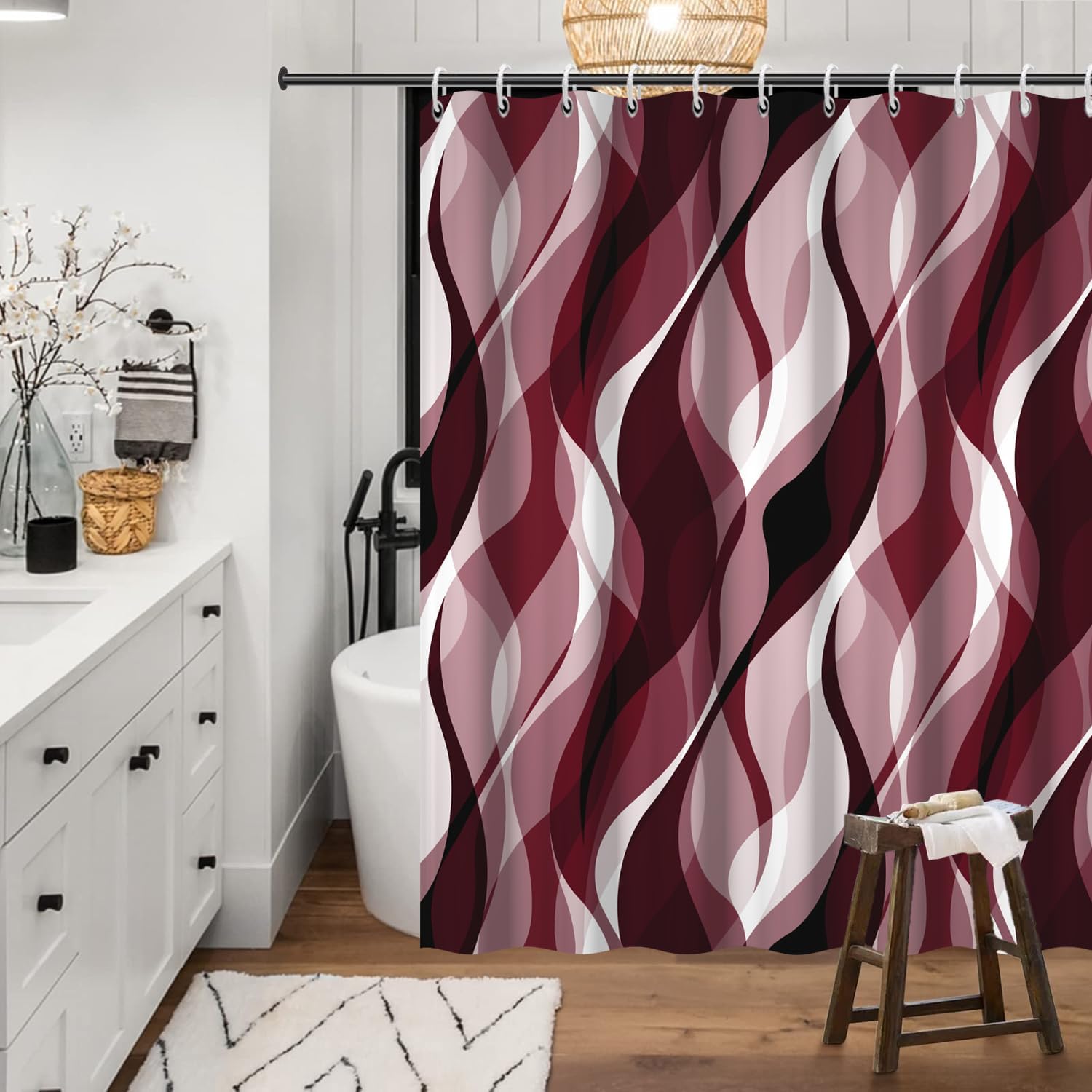 Burgundy Shower Curtain, Modern Abstract Ombre Burgundy Striped Shower Curtain Set for Bathroom Waterproof Shower Curtain with Hooks, 72x78 Inch