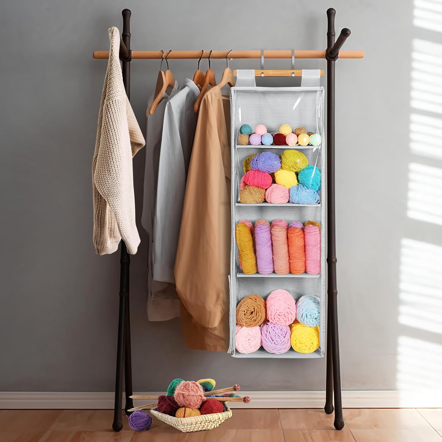 Univivi Hanging Yarn Storage Organizer with 4 Large Clear Pockets, Clear Knitting Storage Organizer with Two-way Zipper, Over the Door Hanging Yarn Holder for Crochet Lovers (Grey)