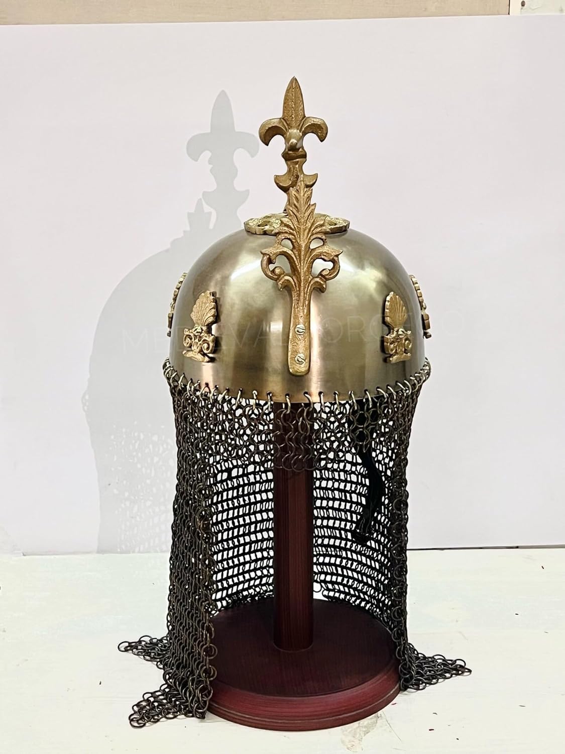 Handmade Wearable Medieval Steel Helmet with Chainmail Brass Finish Decorative Knight Helmet Costume Armor Adult Size 24 to 25 Inches Circumference