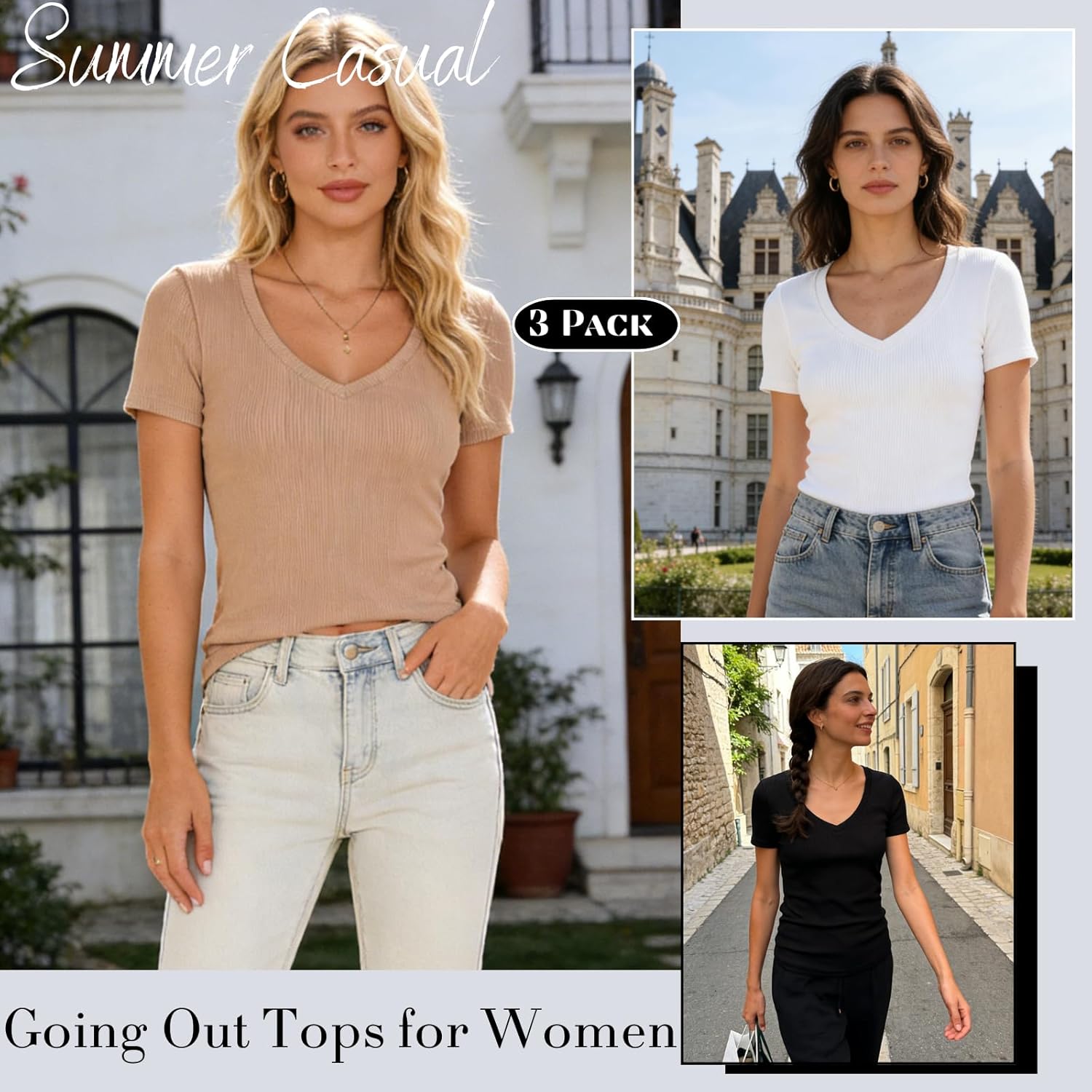 3 Pack Womens Basic Tee Cotton Ribbed Summer T Shirts V Neck Short Sleeve Work Clothing Dressy Casual Tops - Image 4