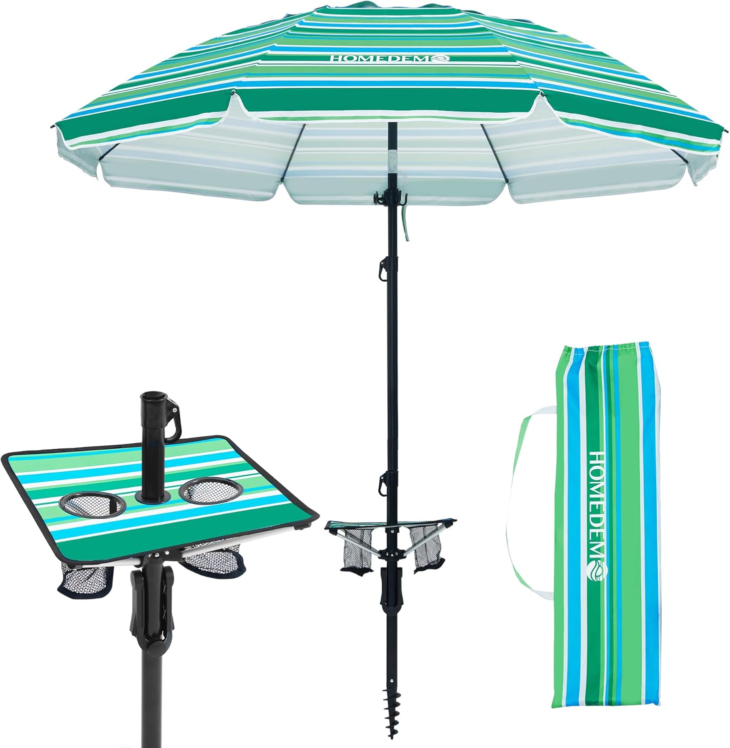 homedemo 7ft beach umbrellas for sand heavy duty wind, portable beach umbrella upf 50+ windproof outdoor beach umbrella with sand anchor, tilt pole, carry bag, table tray, vent and hook 7ft- table yellow green
