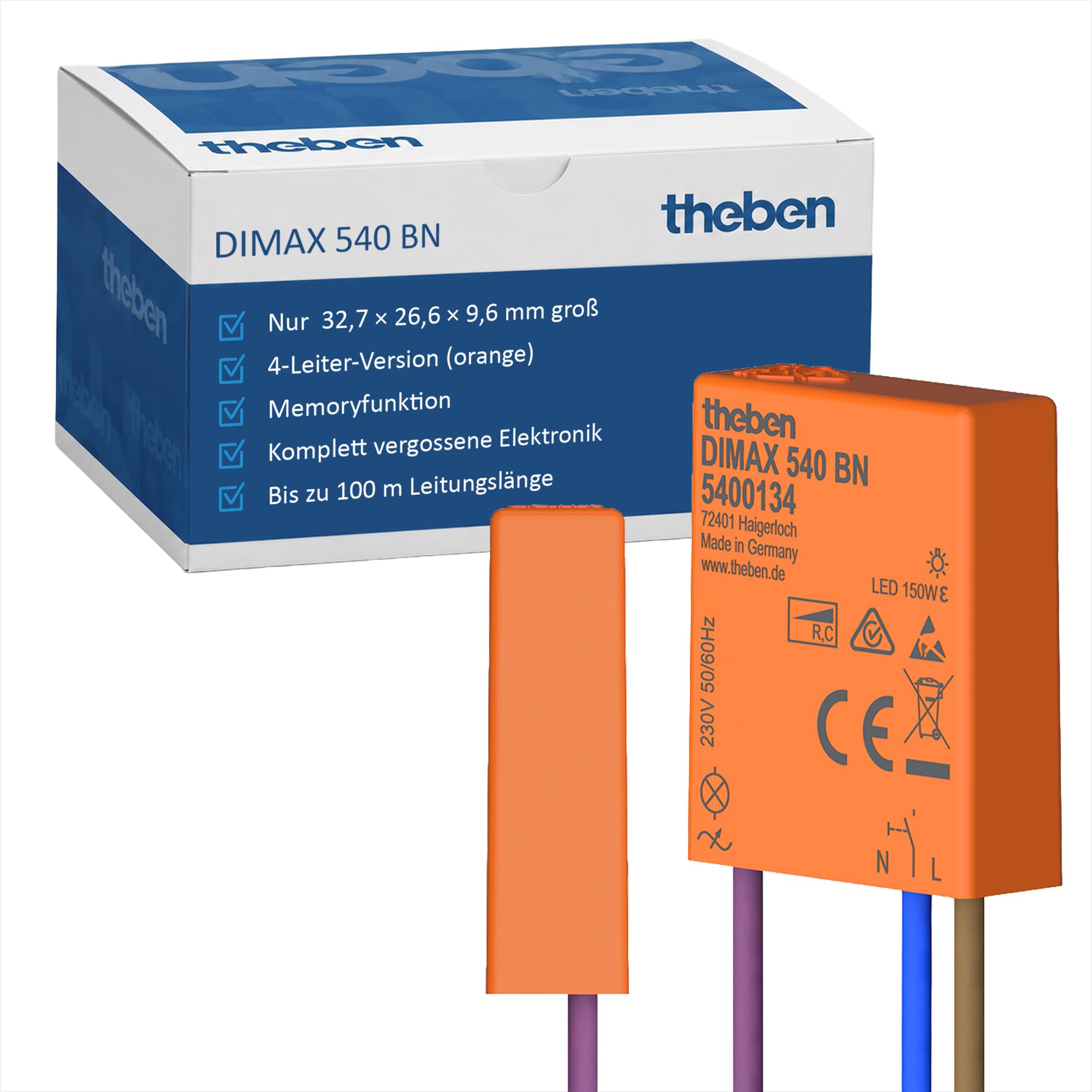 Theben 5400134 DIMAX 540 BN Unterputz-Dimmer elektronisch | Mini UP-Universaldimmer, 4-Leiter-Version, 32,7 x 26,6 x 9,6 mm, bis zu 100 m Kabellänge möglich, Memoryfunktion