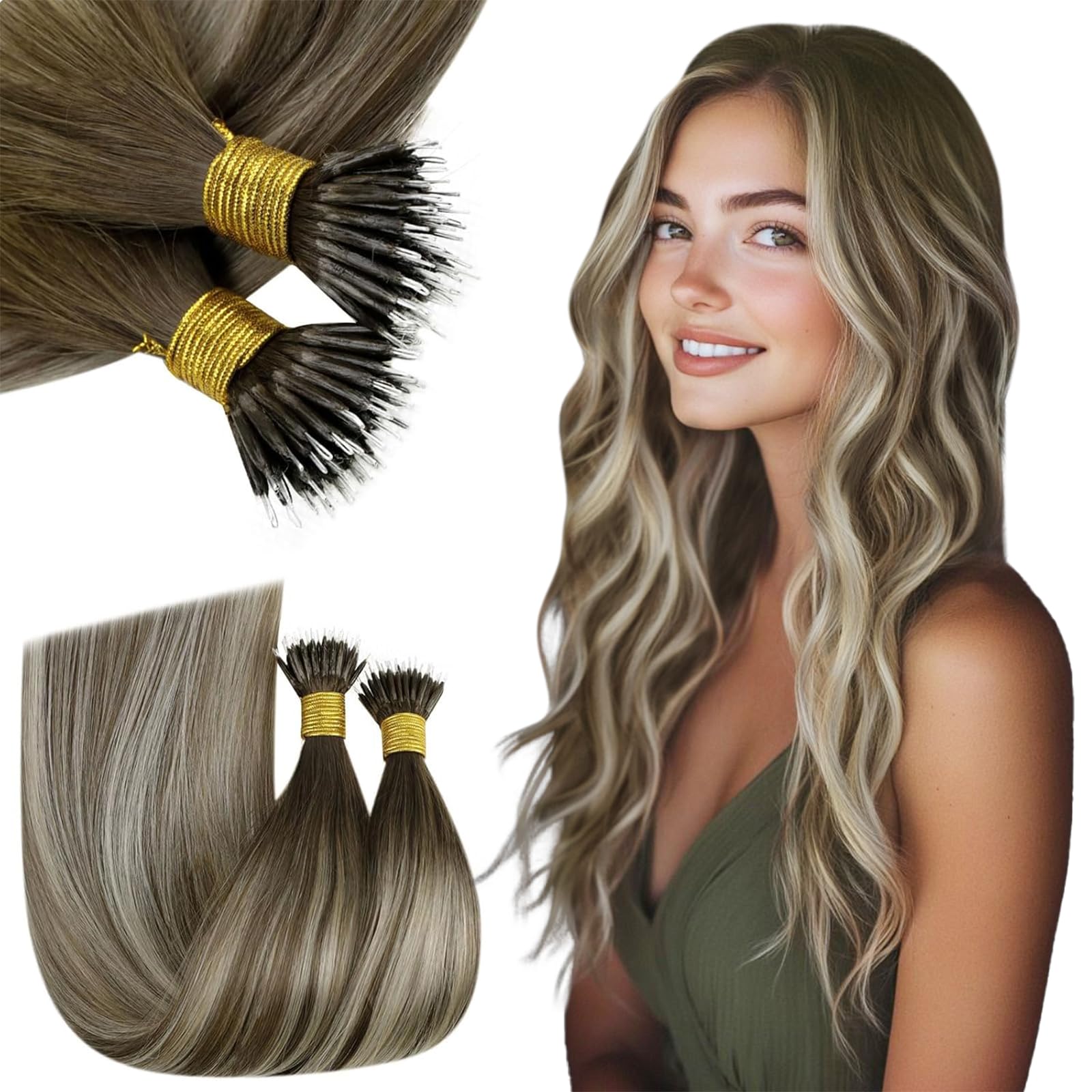 RUNATURE 22 Inch Nano Hair Extensions Real Human Hair Brown Nano Beads Hair Extensions Human Hair Balayage Light Brown to Medium Blonde Invisible Nano Rings Straight Remy Hair 50g 50s #3/8/22