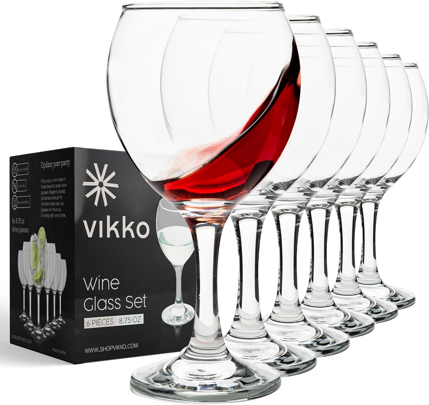 Vikko Wine Glasses, SMALL 8.75 Ounce, Set of 6 Glasses for Red and White Wine With Stem, Clear Glasses for Wine, Thick and Durable, Dishwasher Safe, Holiday, Housewarming, Wedding Gift Ready