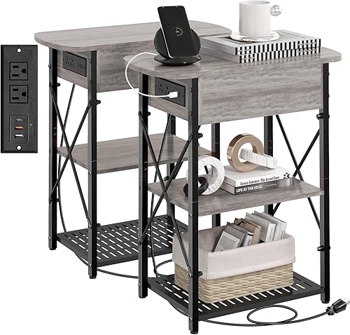 Miniatura 15 de Livofloral Mesa auxiliar estrecha con estación de carga, juego de 2 mesas auxiliares para espacios pequeños, mesa auxiliar abatible con Negro