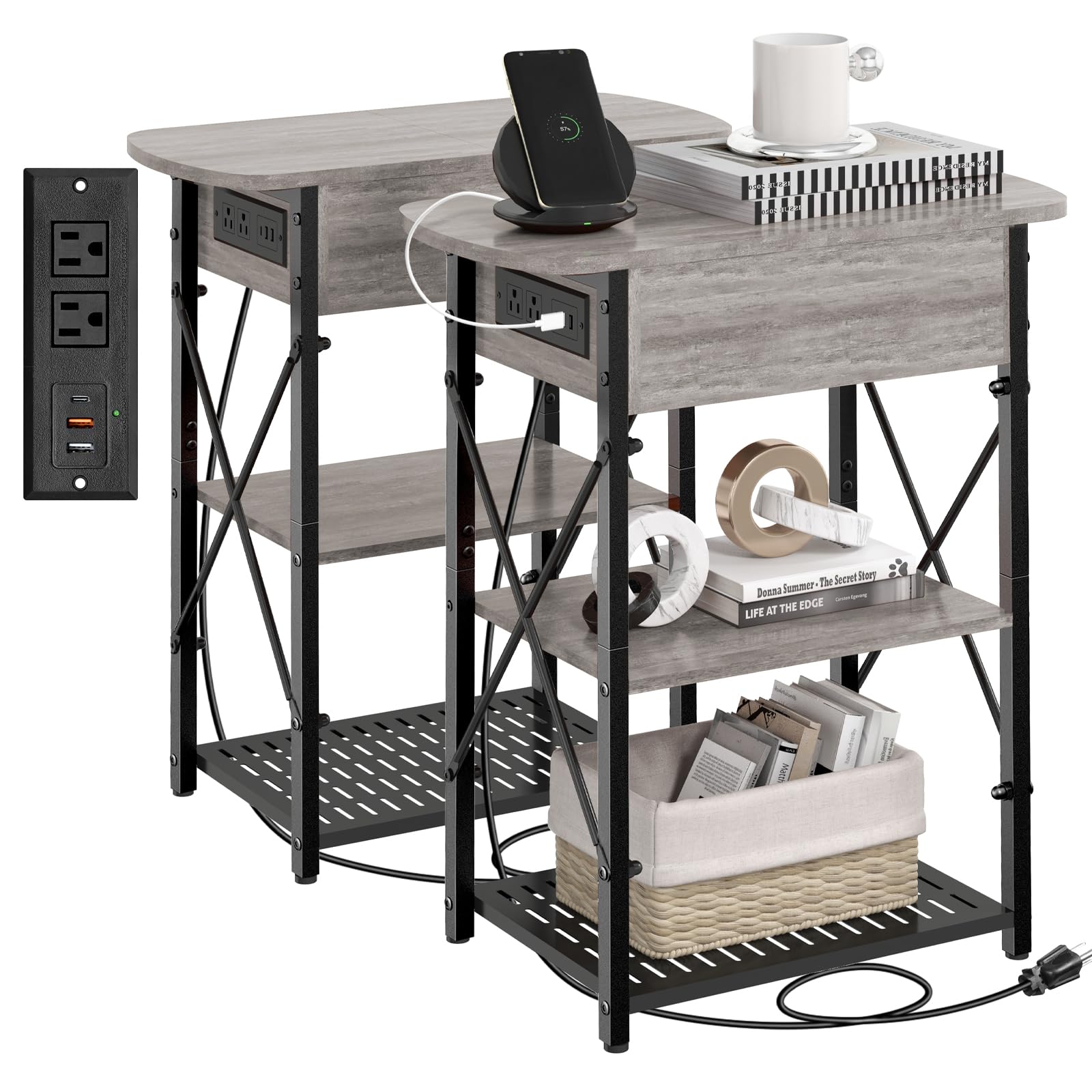 Livofloral Narrow Side Table with Charging Station, End Tables Set of 2 for Small Spaces, Flip Top End Table with Storage, End Tables Living Room,