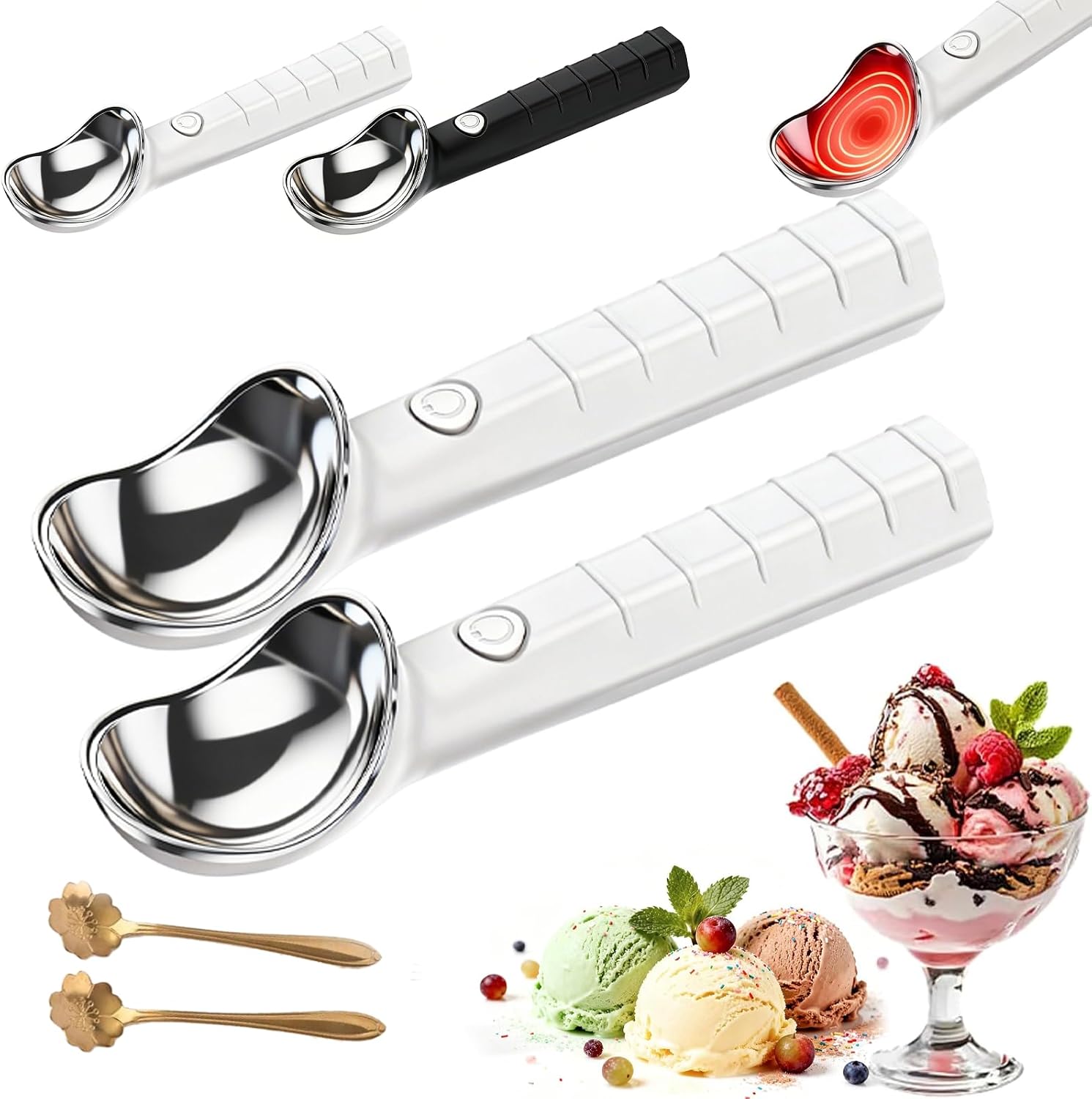 Heated Ice Cream Scoop Rechargeable, Electric Stainless Steel Ice Cream Scooper with LED Display, Warming Scoop for Hard Ice Cream, Easy Grip Dessert Server Waterproof for Home Kitchen Party (Black*2)