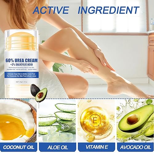 Miniatura 4 de Crema de urea 60 % más ácido salicílico 2 % hidratante y antiagrietamiento para pies de urea, bálsamo para pies agrietados en el talón, máxima