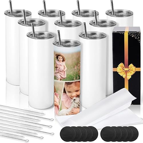 DS Paquete de 10 vasos de sublimación de 20 onzas de acero inoxidable delgado aislado recto para sublimación en blanco con popote, tapa, cepillo y