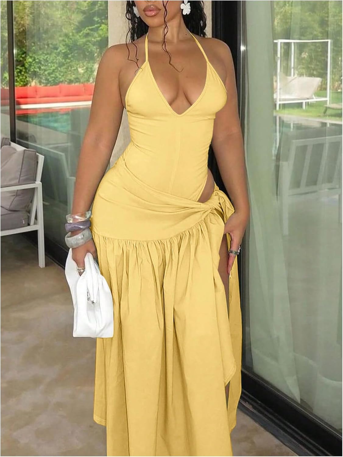 Milumia Women's 2 Piece Outfits Halter V Neck Backless Bodysuit Tie Side Slit Maxi Skirt Sets - Image 2