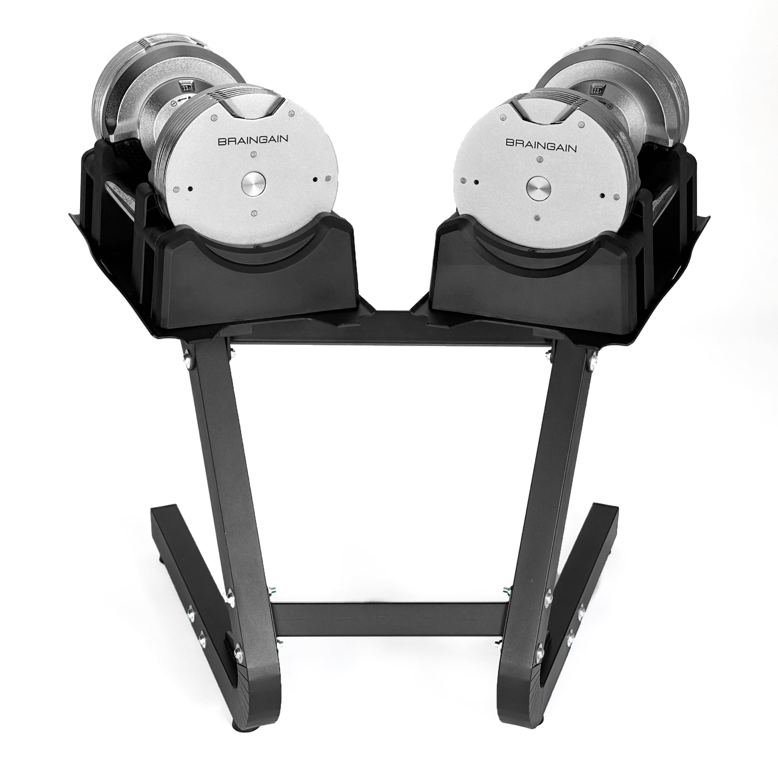 Mancuernas ajustables BRAINGAIN – 23,5 kg, 32,5 kg, 41,5 kg – Cromado – Mancuernas versátiles para el entrenamiento de fuerza en casa, con soporte.