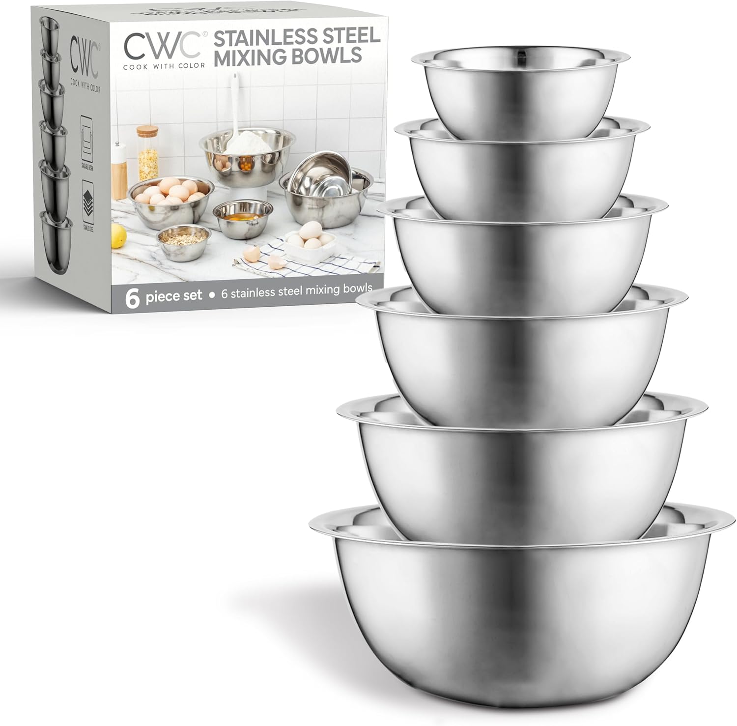 COOK WITH COLOR Stainless Steel Mixing Bowls Set - Nesting Bowls, 6 Pieces, Silver - Thumbnail 2
