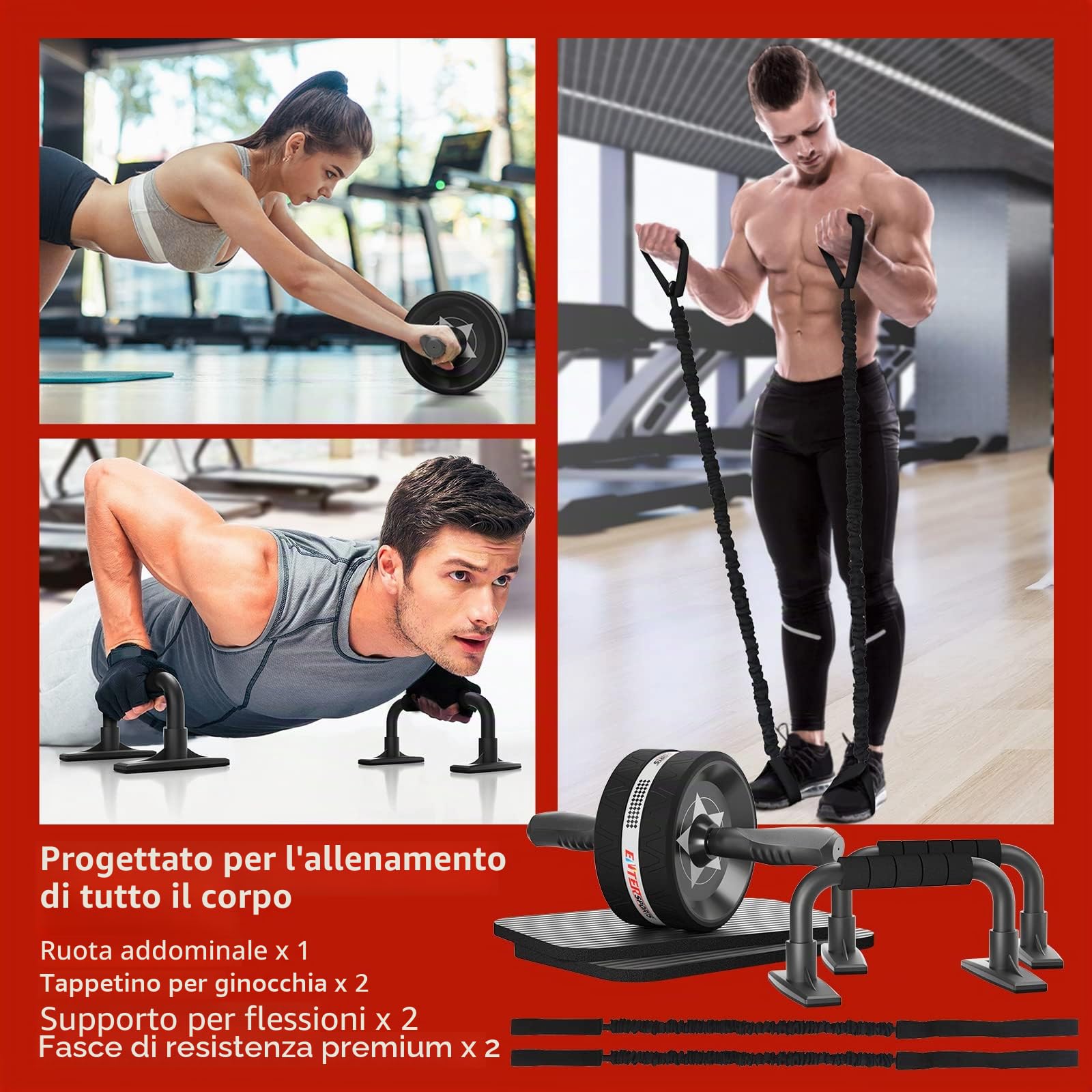 EnterSports Set per addominali, 6 in 1 con fascia per fitness, flessioni, tappetino per ginocchia, attrezzo fitness per addominali, ideale per uomini e donne per allenarsi a casa