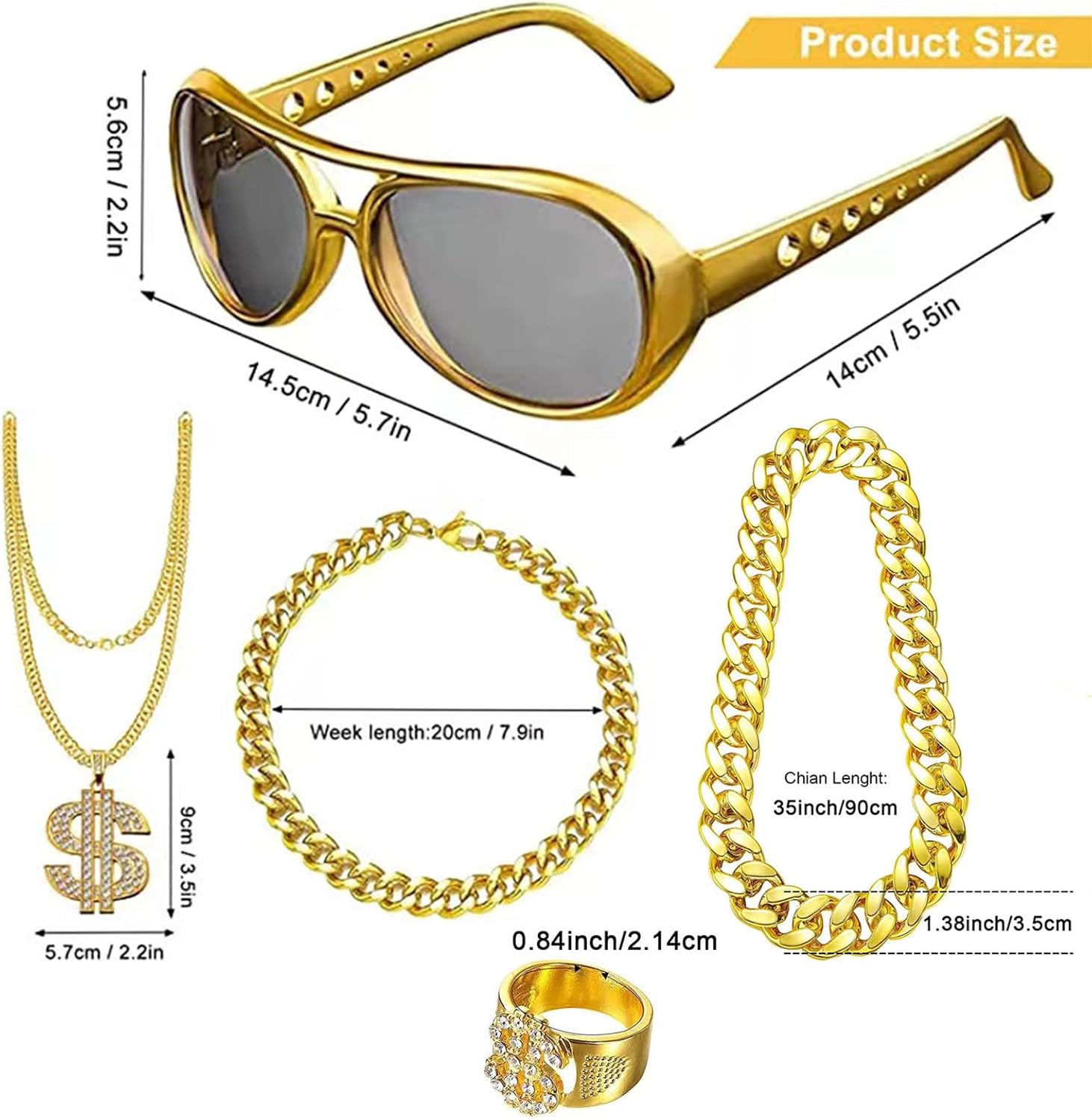 5 Piece Hip Hop Theme Accessories Kit - Retro Chains with Coin Design, Punk Style Glasses & Dollar Ring for Costume Parties, 80s 90s Rapper Fashion - Image 2