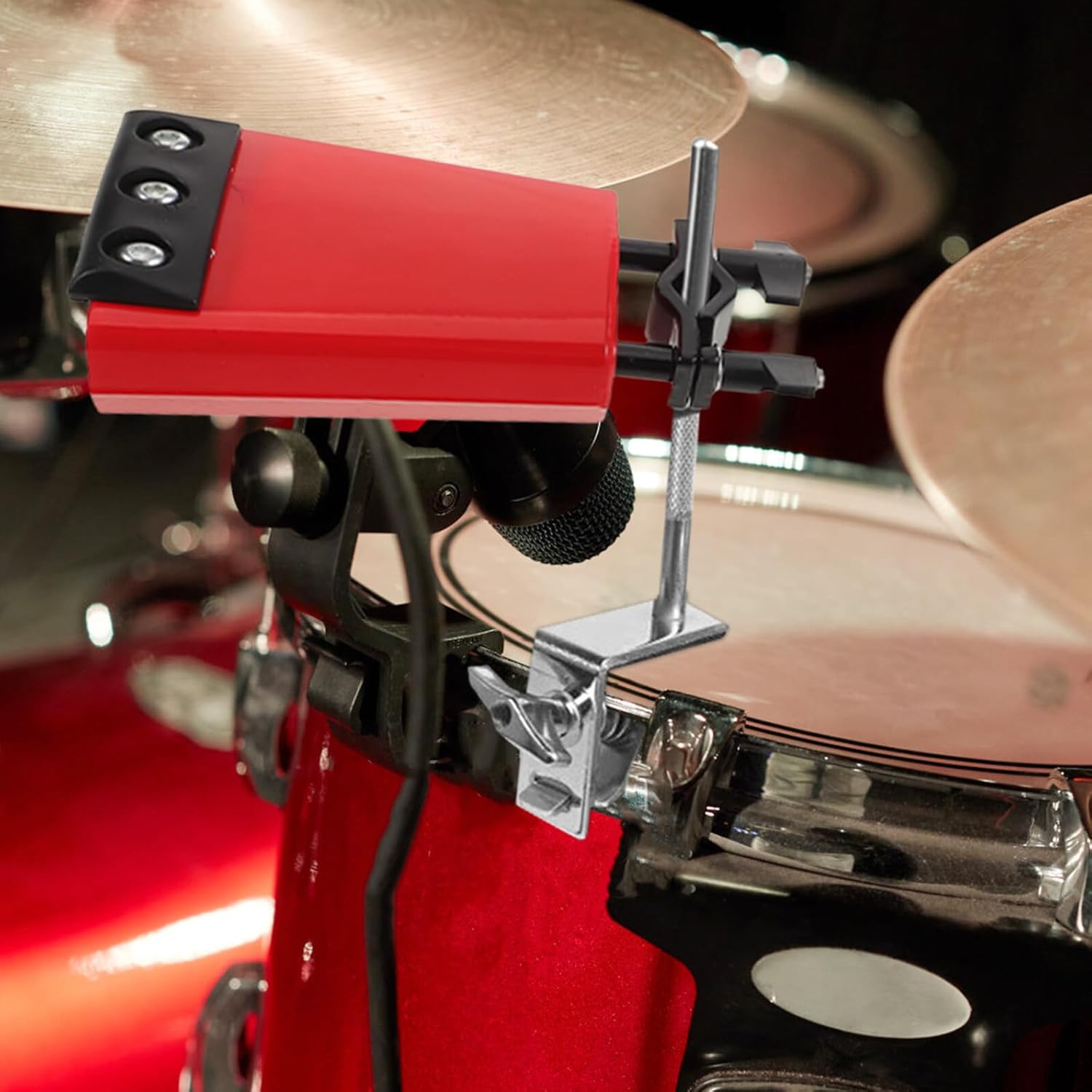 Metal Percussion Bell Drum Accessory with Black Damping Strip, Large Clip on Percussion Bell for Drum Kit Practice and Music Rehearsal, Red with Sound Reduce Protection
