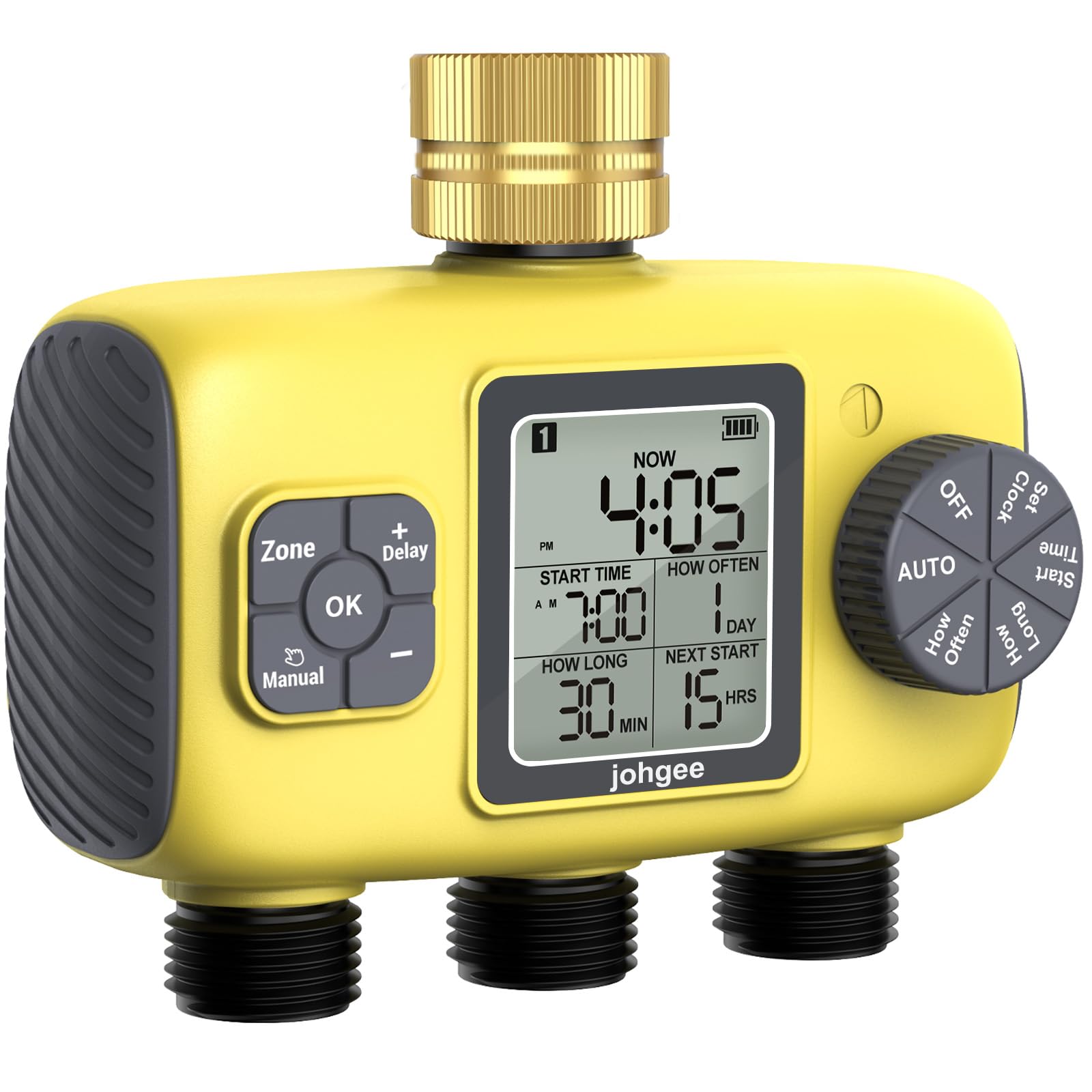 Johgee Programmateur Arrosage 3 Voies avec Entrée en Laiton, Minuteur Arrosage Automatique avec Retard de Pluie/Irrigation Manuelle, pour Serre, Pelouse et Jardin