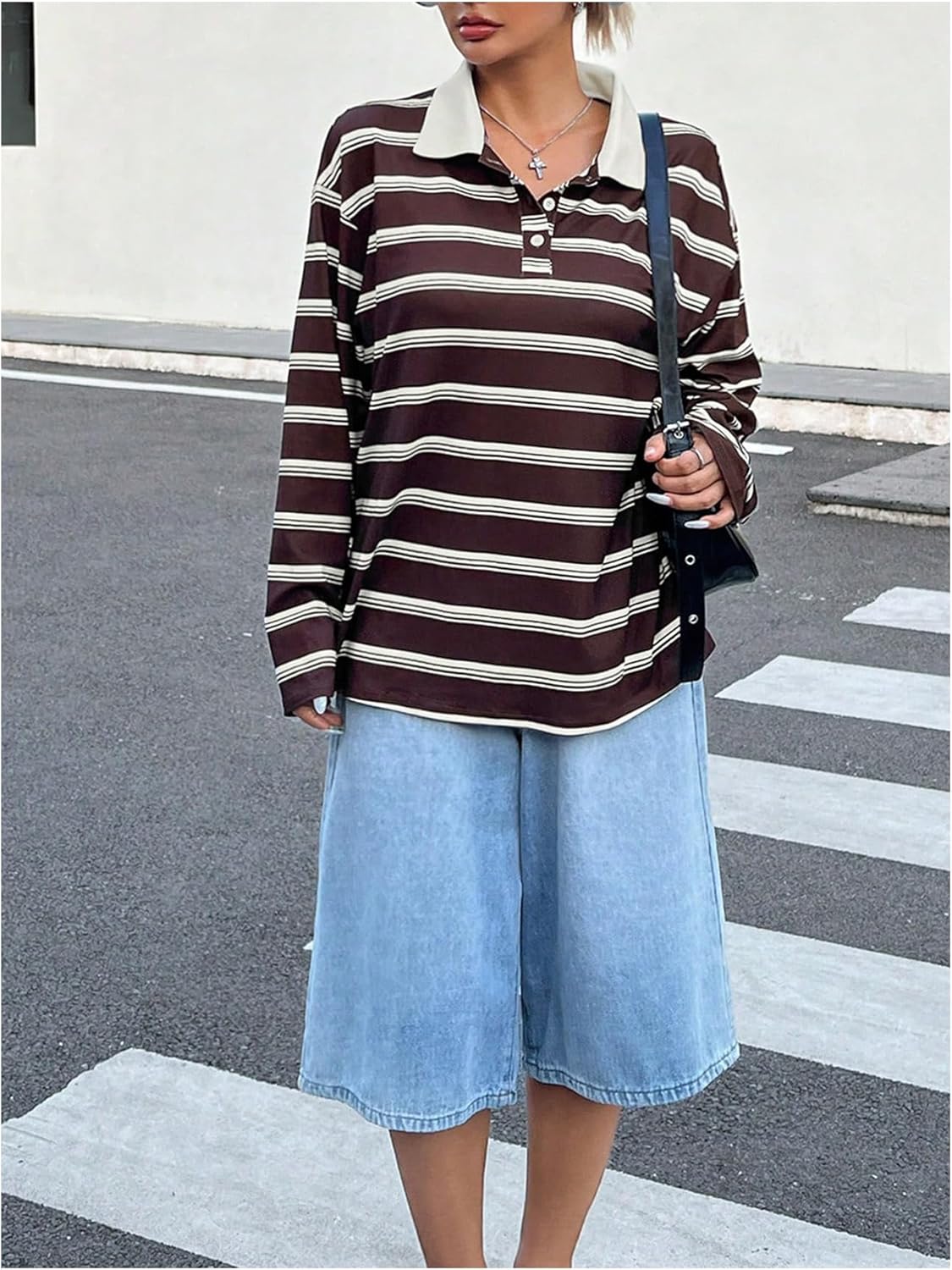 SOLY HUX Women's Striped Oversized T Shirts Collared Long Sleeve Vintage Tees Streetwear