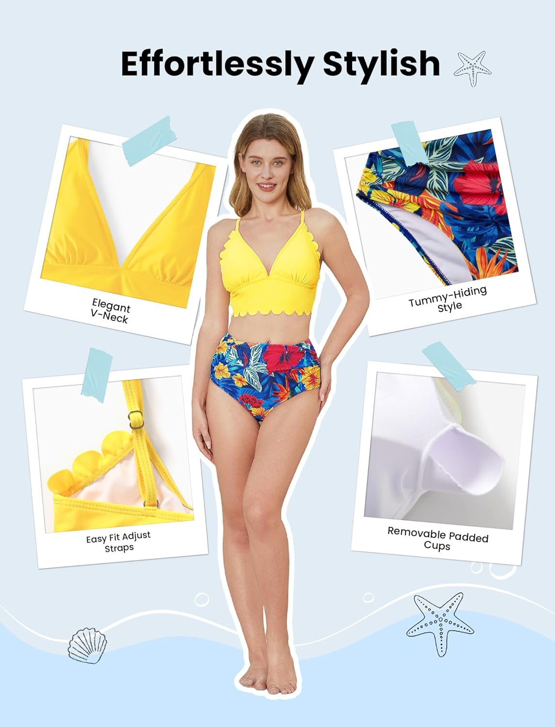 Family Matching Solid Scallop Trim Strappy Two-Piece Swimsuit and Allover Floral Print Swim Trunks Shorts
