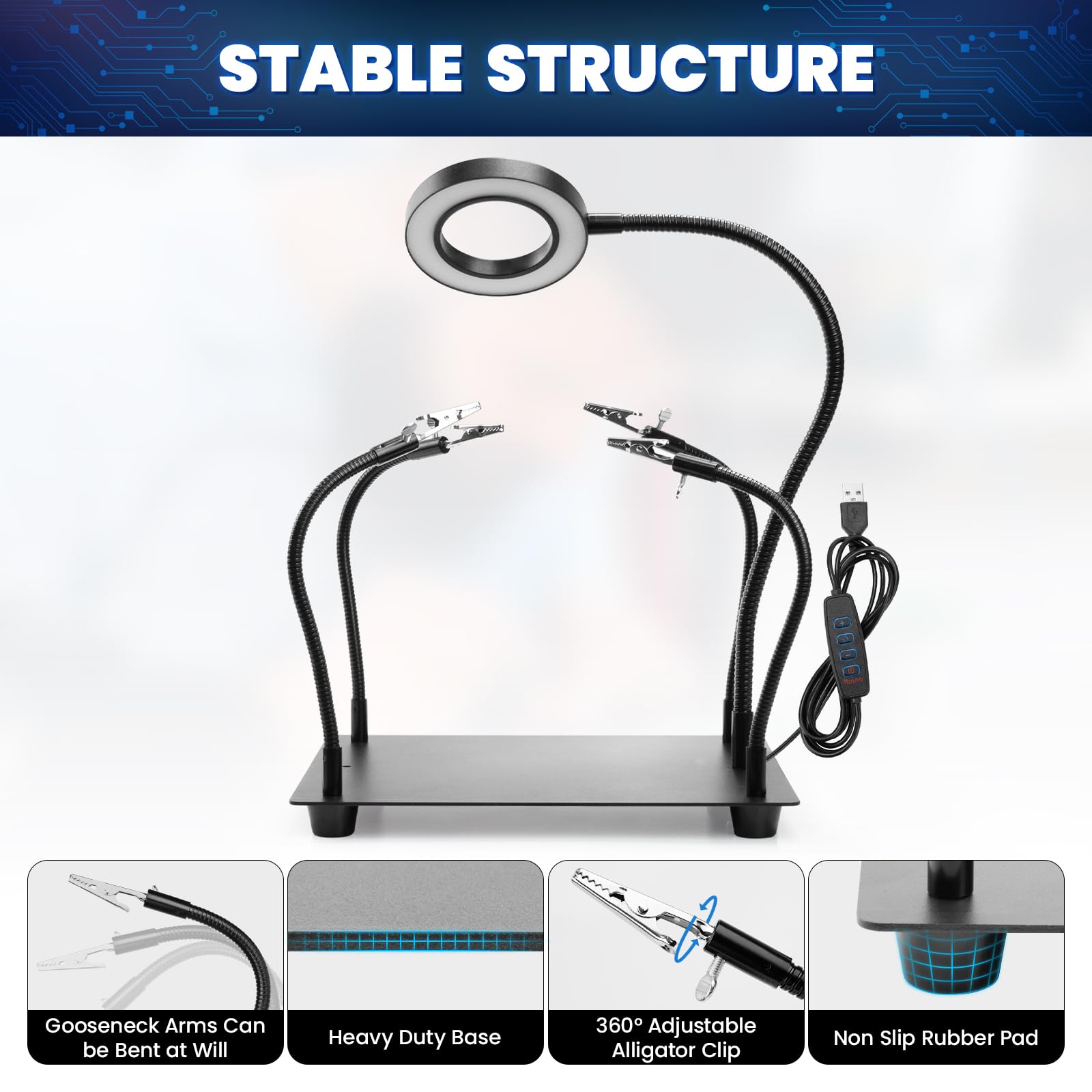 ELMCONFIG - Stazione di saldatura Helping Hands con lente d'ingrandimento 5X e luce, supporto per circuiti stampati in metallo con 4 bracci flessibili in metallo per saldatura, montaggio, riparazione
