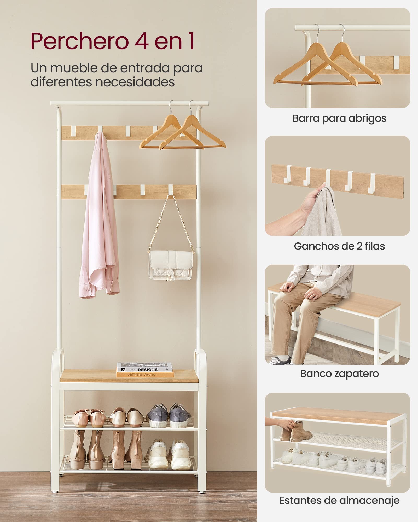 VASAGLE Perchero Zapatero, Perchero con Banco Recibidor, 4 en 1, 9 Ganchos Extraíbles, Barra Superior, para Entrada Pasillo, 33,7 x 72 x 183 cm, Moderno, Roble y Blanco HSR40W