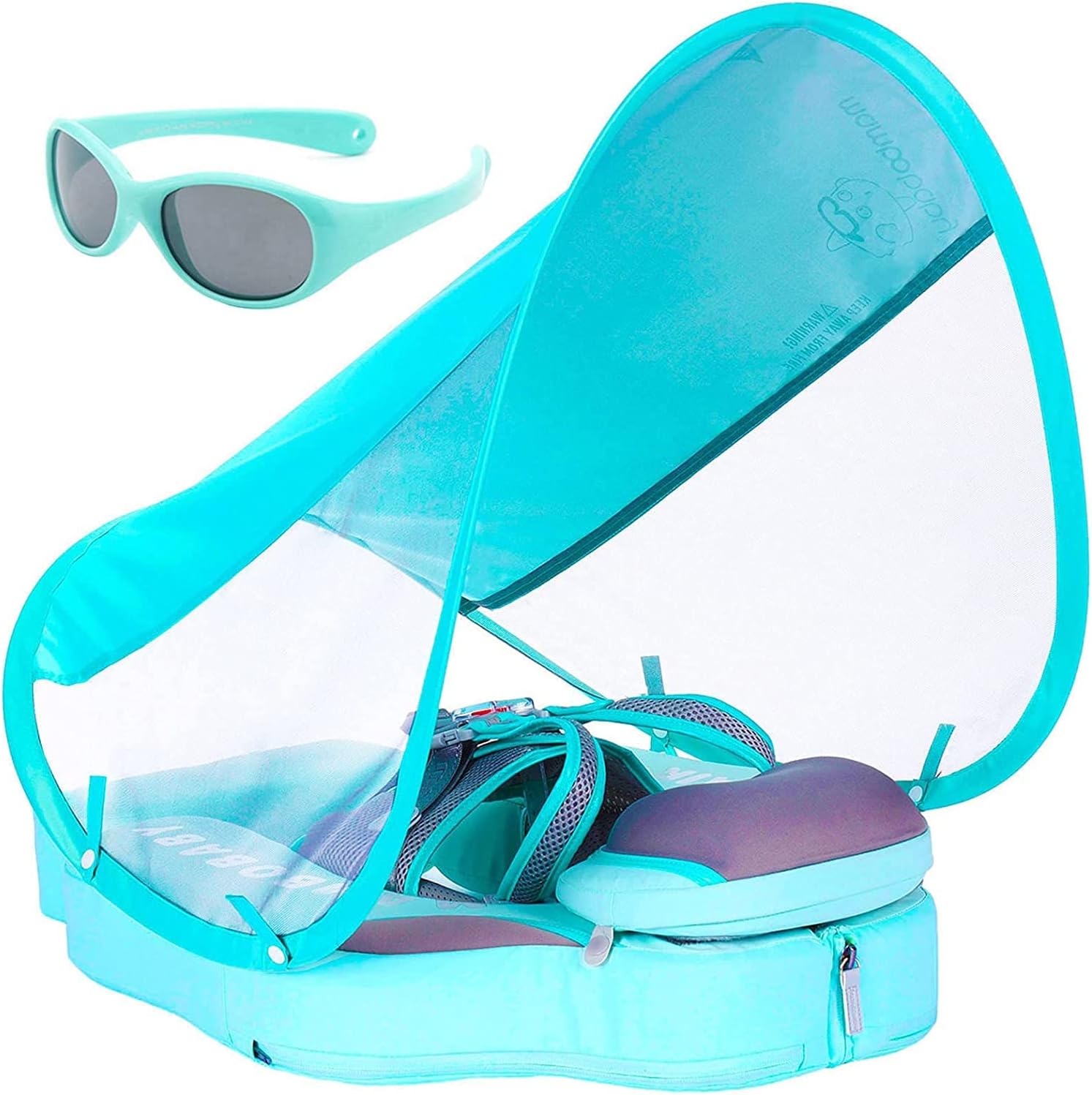 Mambobaby Unique Fold-able Baby Non-Inflatable Swim Float Add Tail Never Flip Over Solid Smart Swim Trainer with Canopy Infant Pool Float Water Proof Skin-Friendly TPU Leather Swim Ring